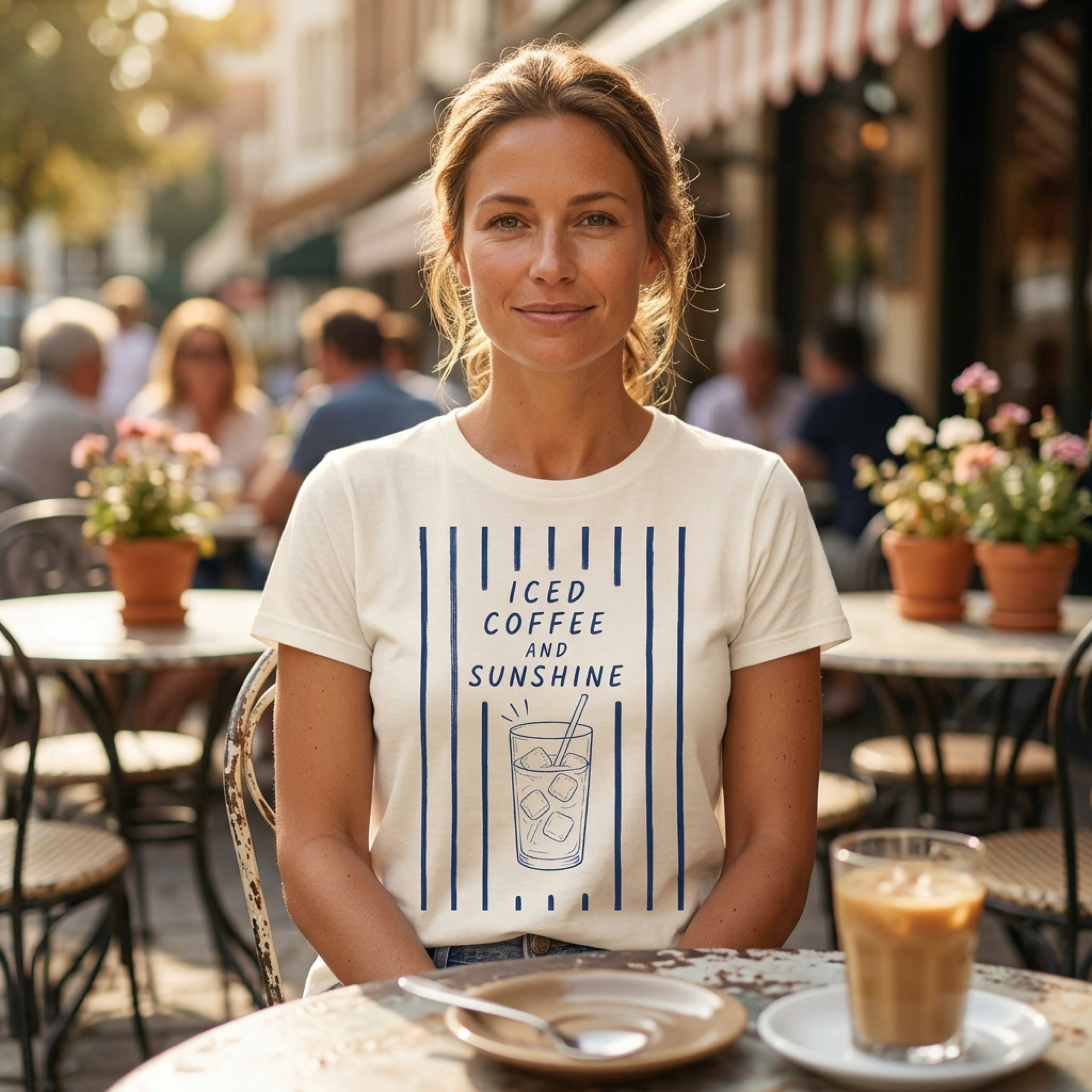 Cream t-shirt with vertical blue stripes and "ICED COFFEE AND SUNSHINE" text.