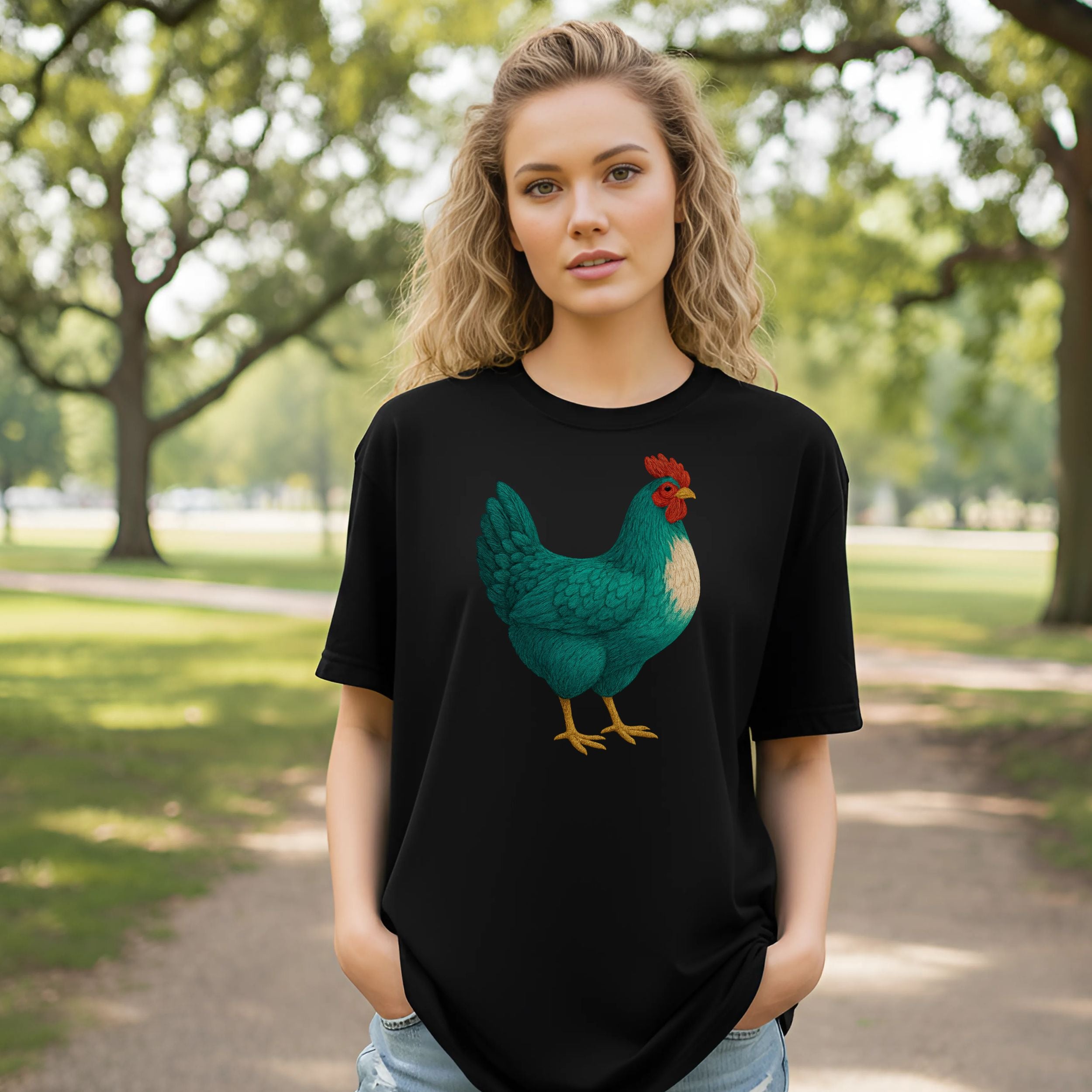Stylish Graphic Tee with Colorful Chicken Design