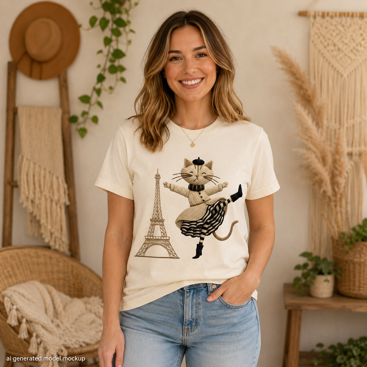 Cream t-shirt with a cartoon cat dancing near the Eiffel Tower graphic.