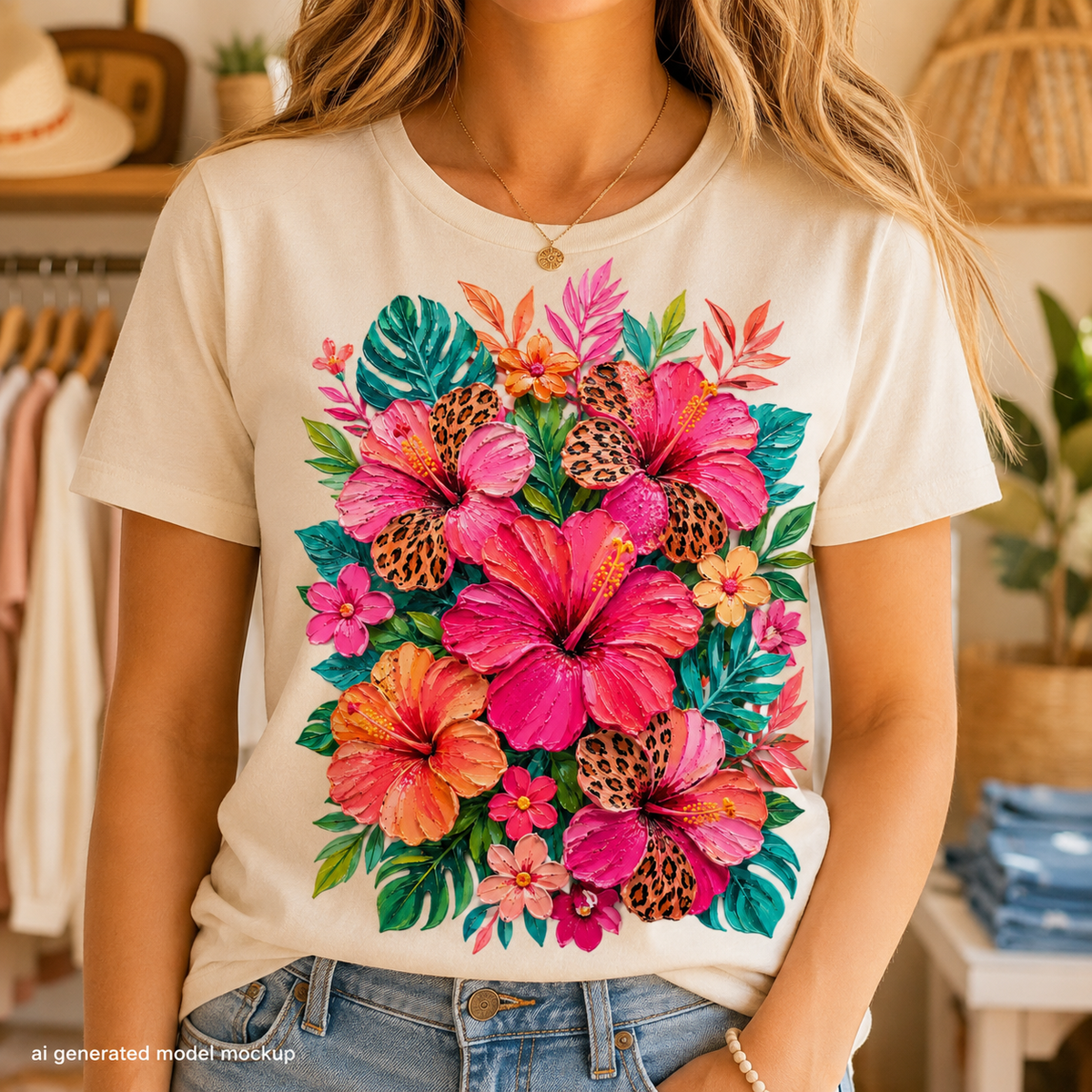 Cream t-shirt with a vibrant floral and leopard print design.