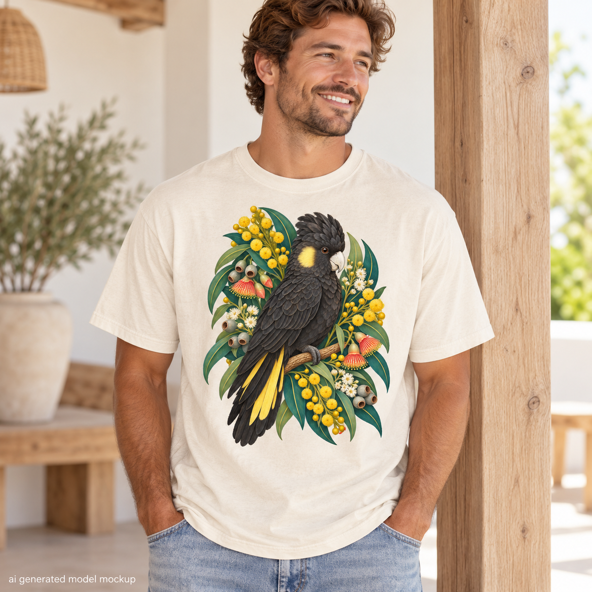 Cream t-shirt with a black cockatoo perched among yellow wattle flowers.