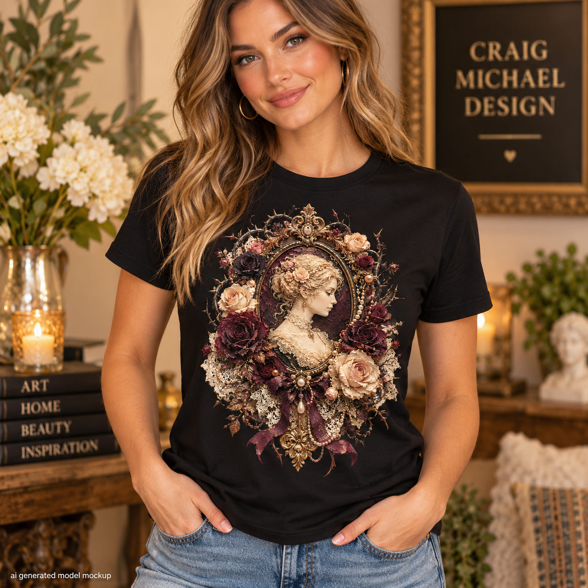Black t-shirt with oval portrait of woman surrounded by roses and gold embellishments.