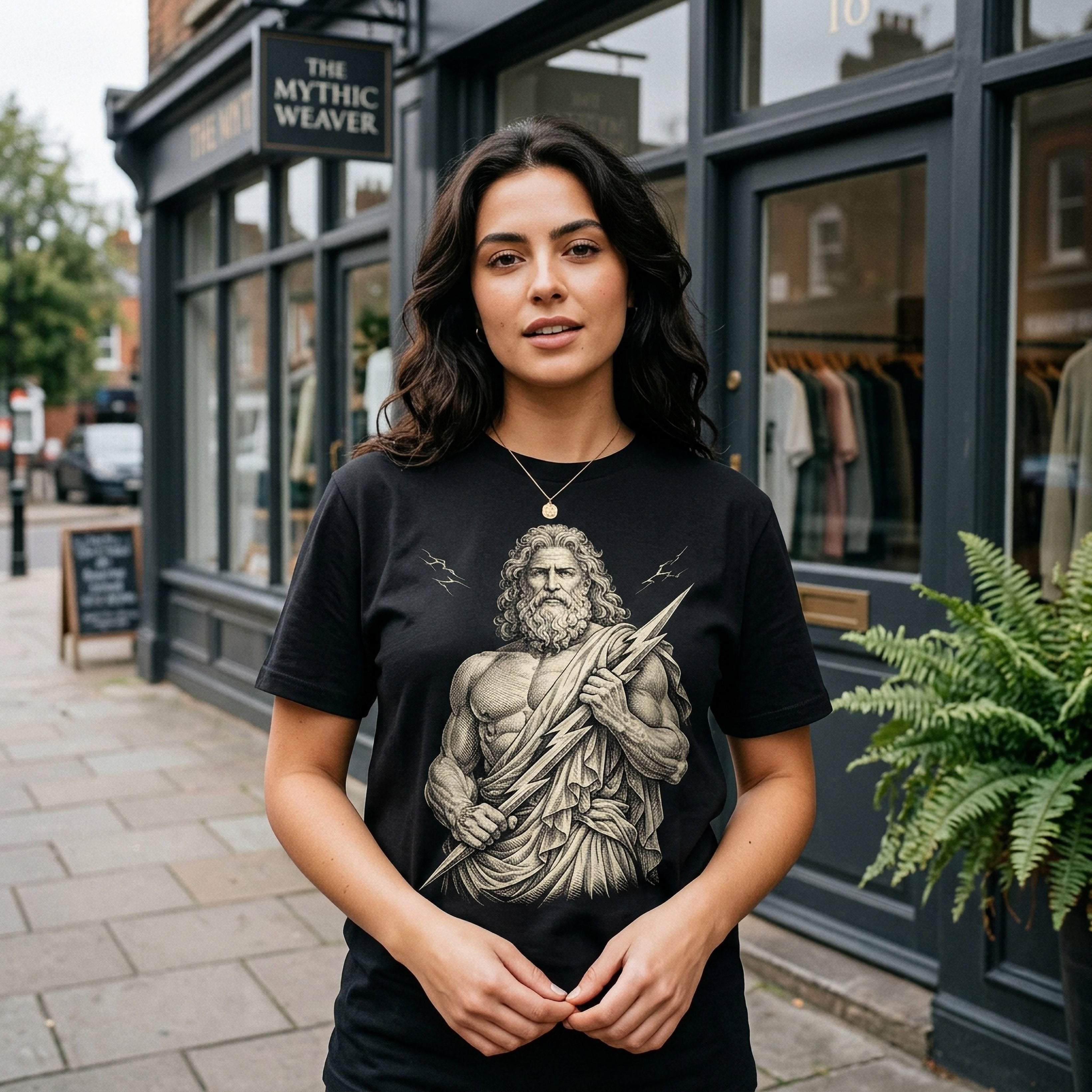 Woman wearing a black t-shirt with a graphic of Zeus holding a lightning bolt.