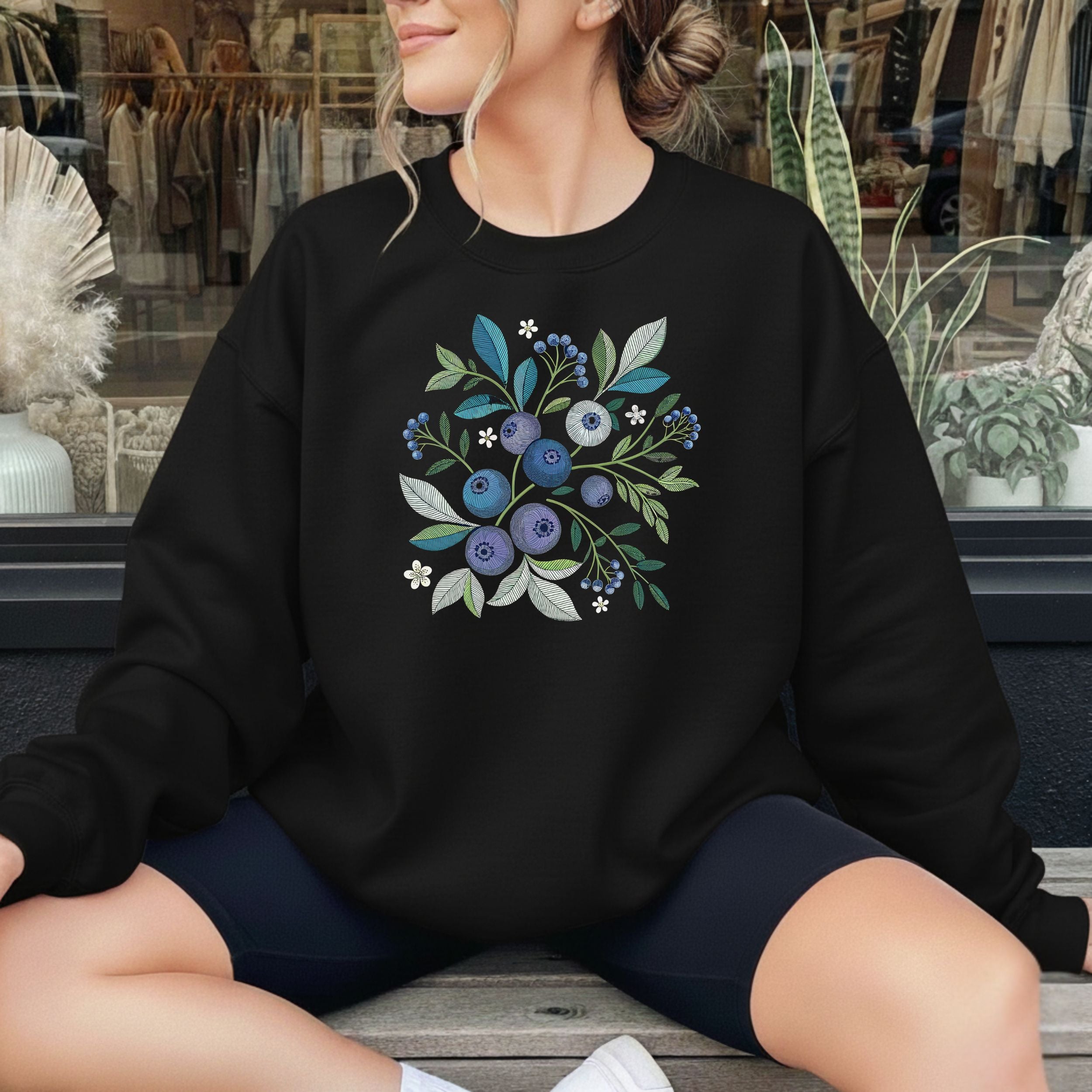 Black Sweatshirt with Blueberry Floral Design