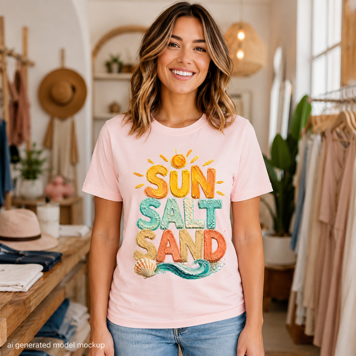 Pink t-shirt with "SUN SALT SAND" text and a seashell.