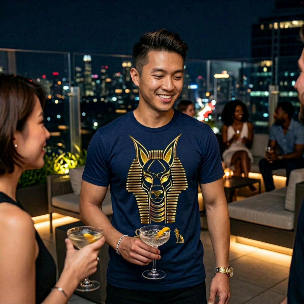 Man in navy t-shirt with gold Anubis mask graphic smiles holding cocktail.