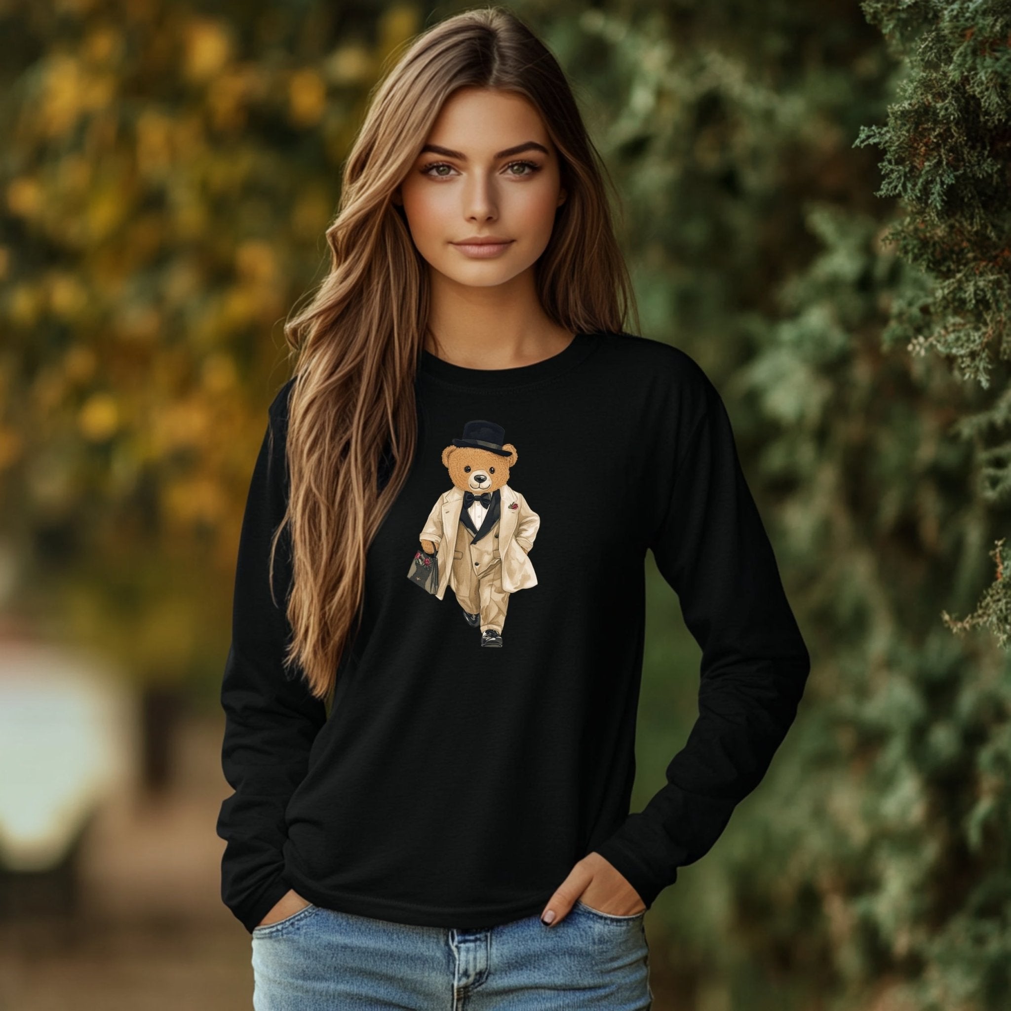 Fashionista Bear in Suit Long Sleeve T-Shirt, Adorable Teddy Bear Design Tee, Casual Long Sleeve Top for All Ages - Craig Michael Design