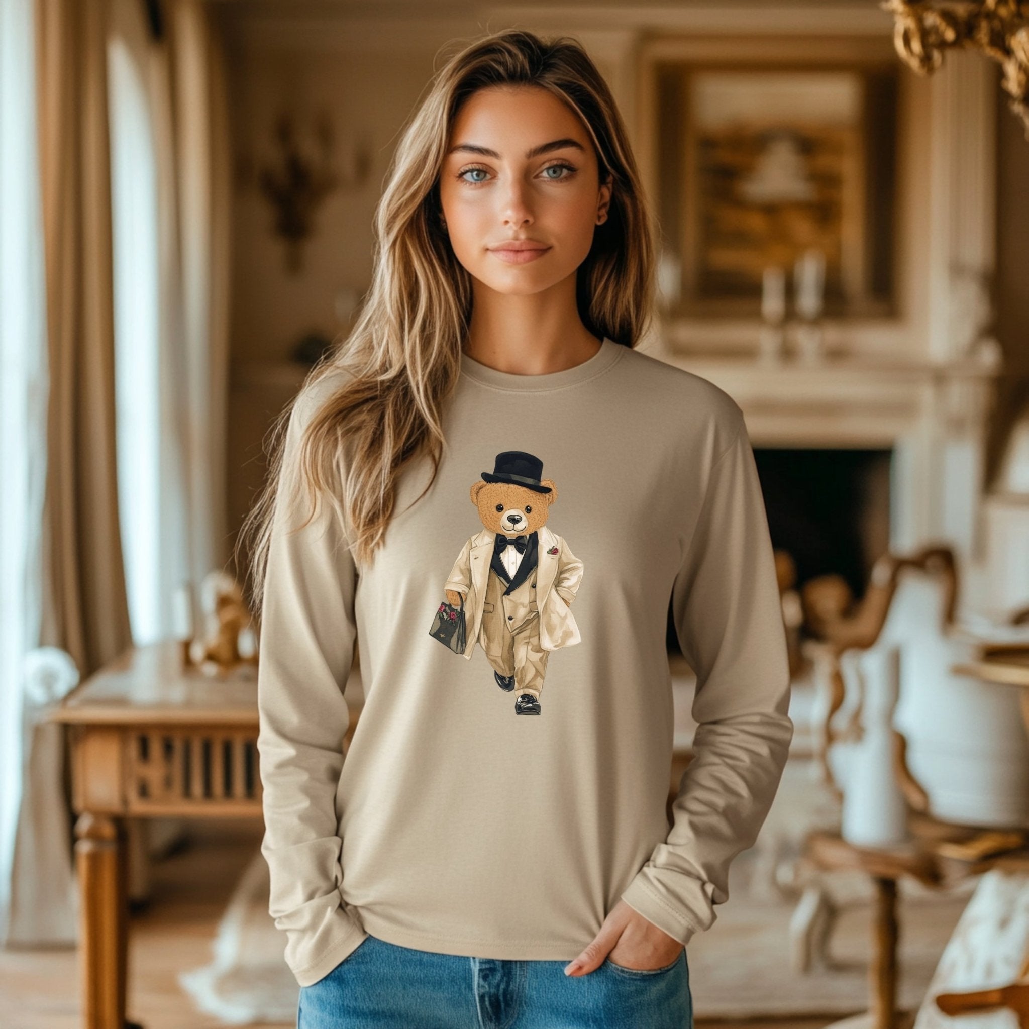 Fashionista Bear in Suit Long Sleeve T-Shirt, Adorable Teddy Bear Design Tee, Casual Long Sleeve Top for All Ages - Craig Michael Design