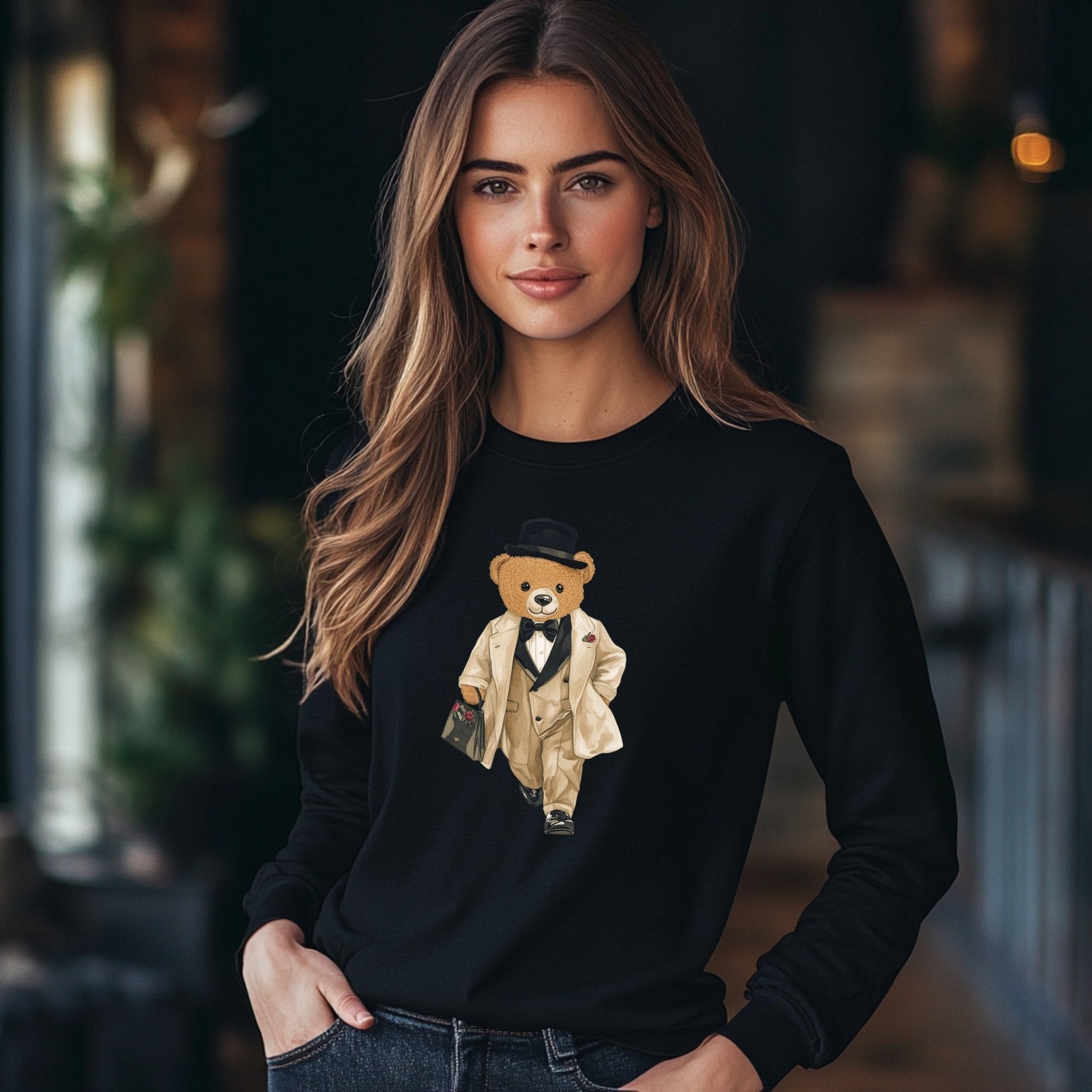 Fashionista Bear in Suit Long Sleeve T-Shirt, Adorable Teddy Bear Design Tee, Casual Long Sleeve Top for All Ages - Craig Michael Design