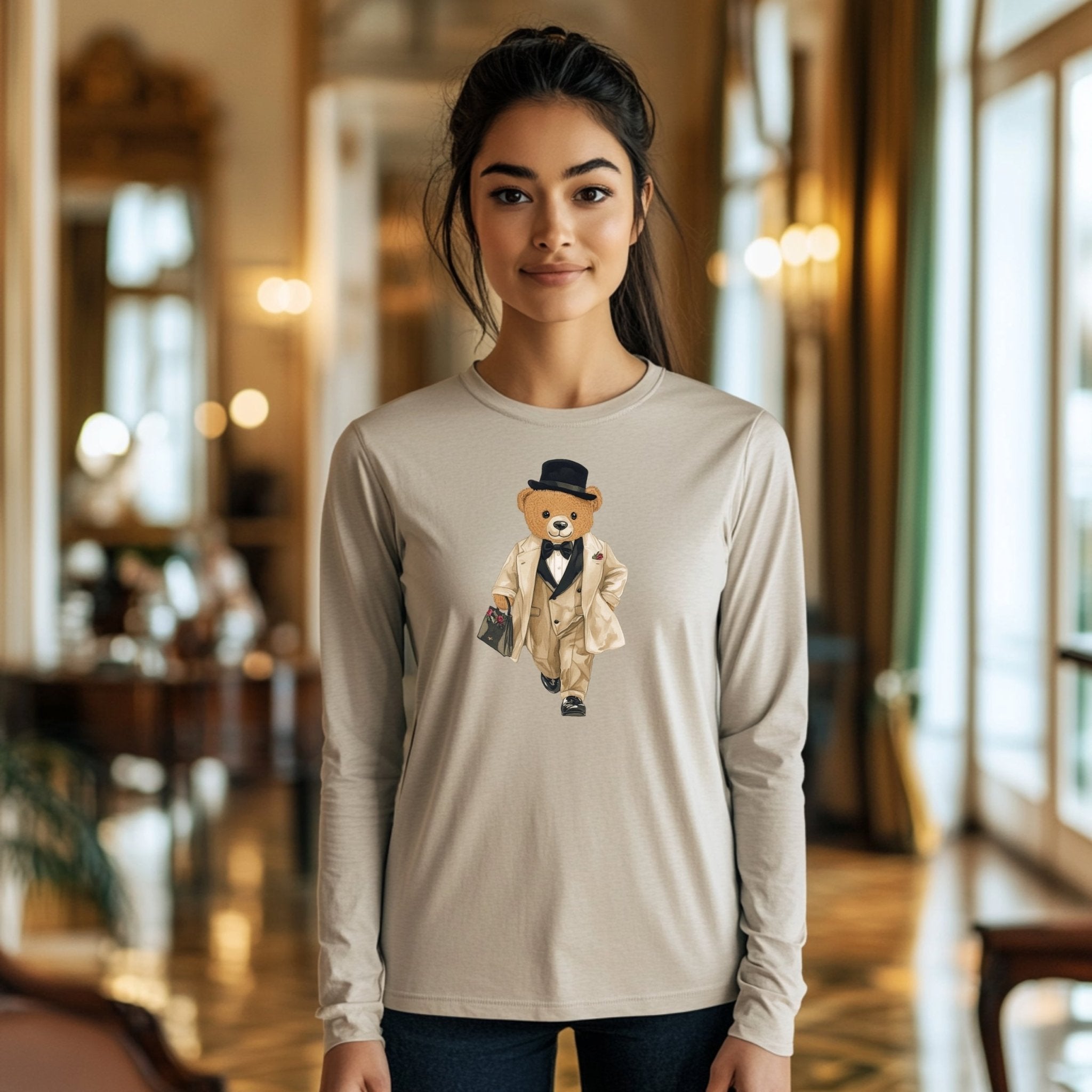 Fashionista Bear in Suit Long Sleeve T-Shirt, Adorable Teddy Bear Design Tee, Casual Long Sleeve Top for All Ages - Craig Michael Design