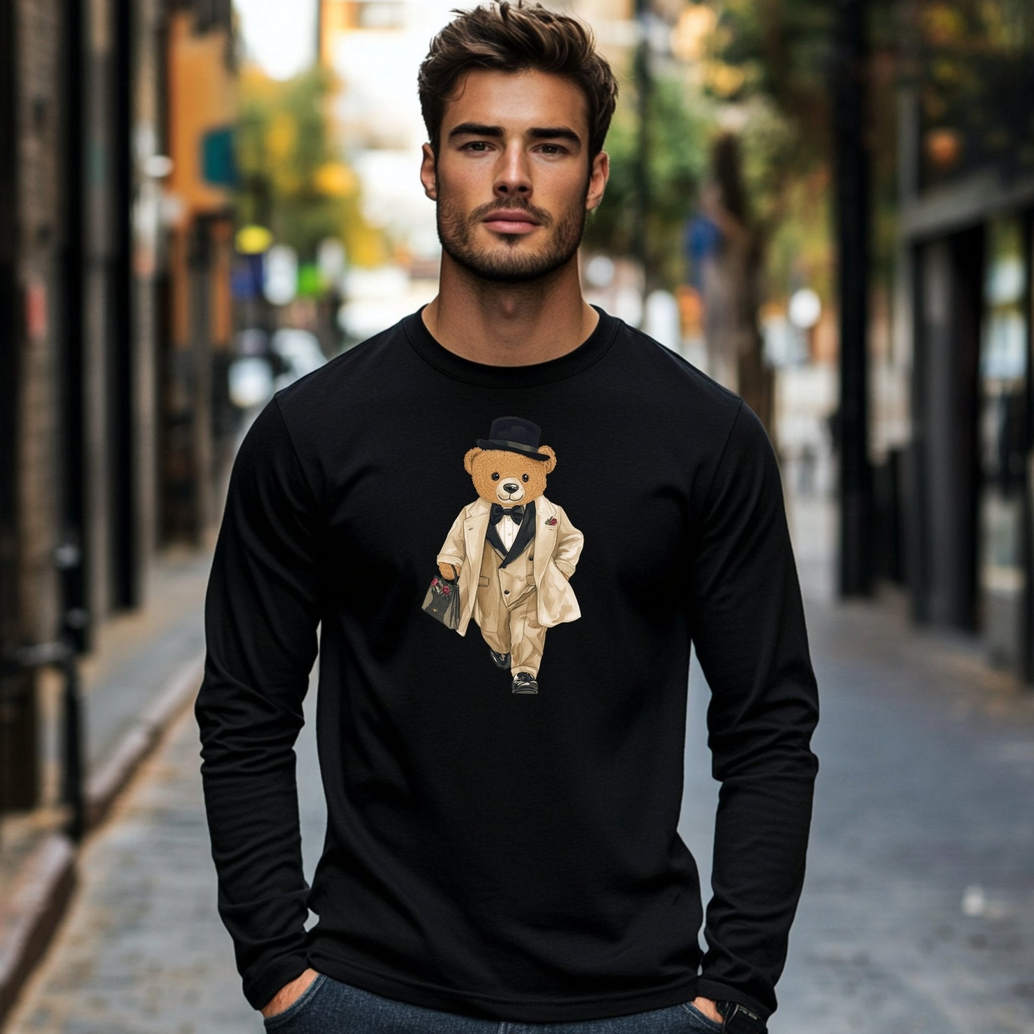 Fashionista Bear in Suit Long Sleeve T-Shirt, Adorable Teddy Bear Design Tee, Casual Long Sleeve Top for All Ages - Craig Michael Design