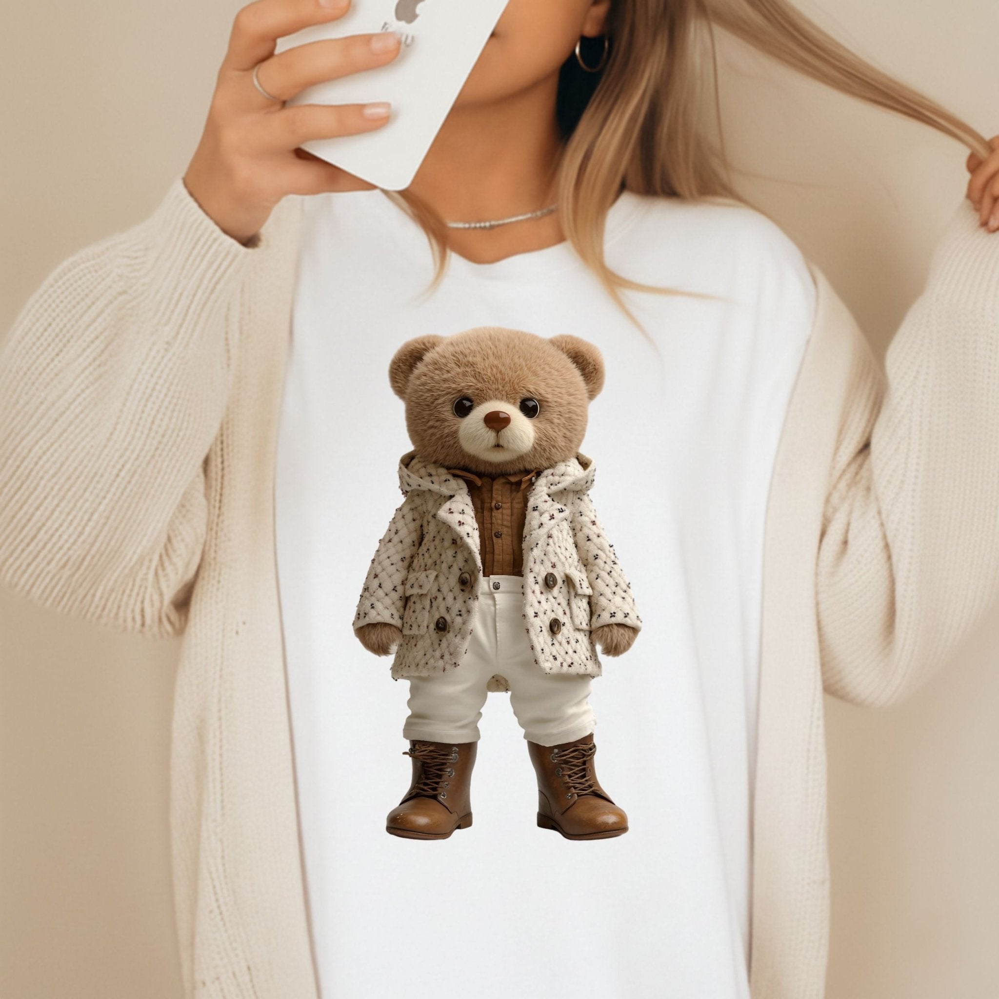 Fashionista Bear Shirt, Neutral Aesthetic Teddy Bear Tee - Craig Michael Design