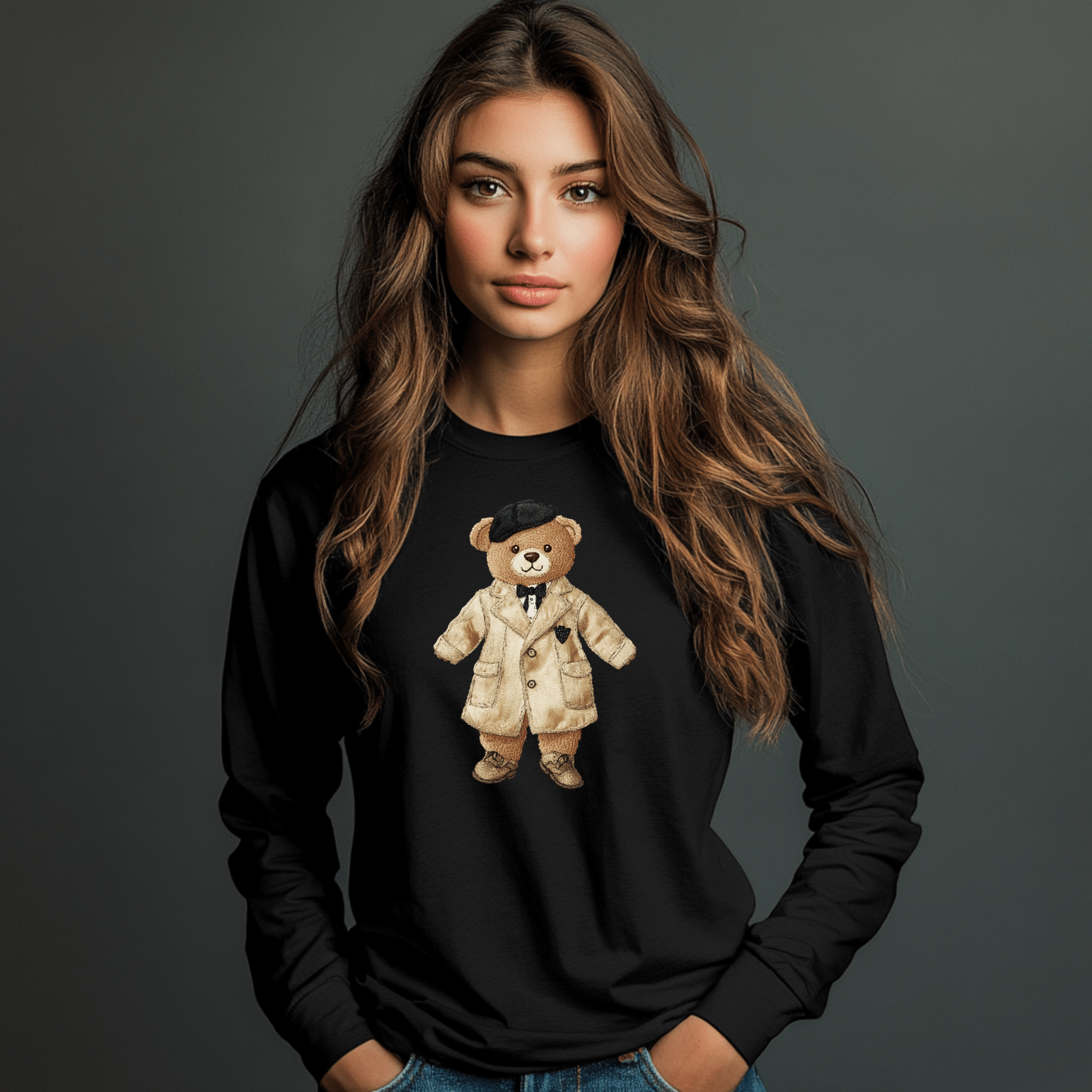 Fashionista Teddy Bear Long Sleeve T Shirt, Stylish Teddy Bear Graphic Tee, Adorable Bear Outfit Shirt for Kids Adults - Craig Michael Design