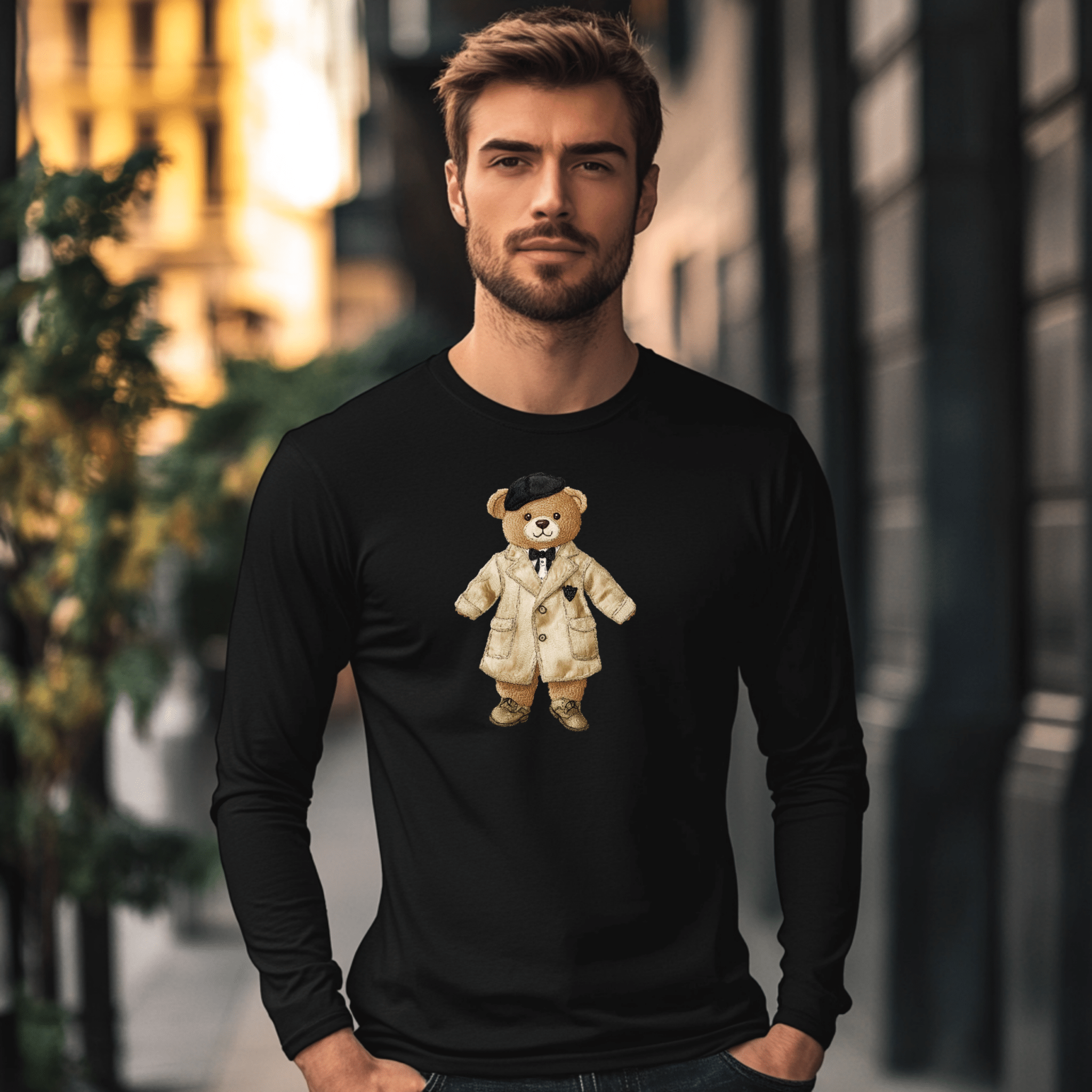 Fashionista Teddy Bear Long Sleeve T Shirt, Stylish Teddy Bear Graphic Tee, Adorable Bear Outfit Shirt for Kids Adults - Craig Michael Design