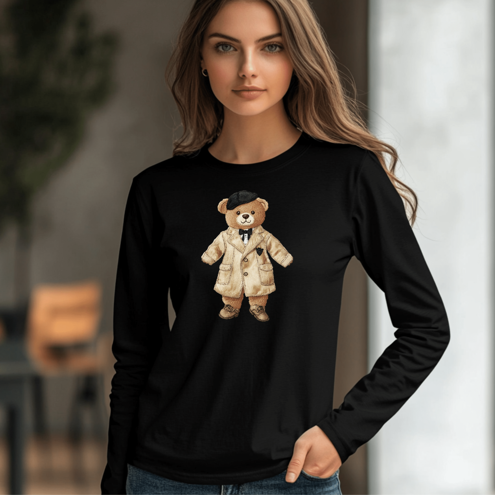 Fashionista Teddy Bear Long Sleeve T Shirt, Stylish Teddy Bear Graphic Tee, Adorable Bear Outfit Shirt for Kids Adults - Craig Michael Design