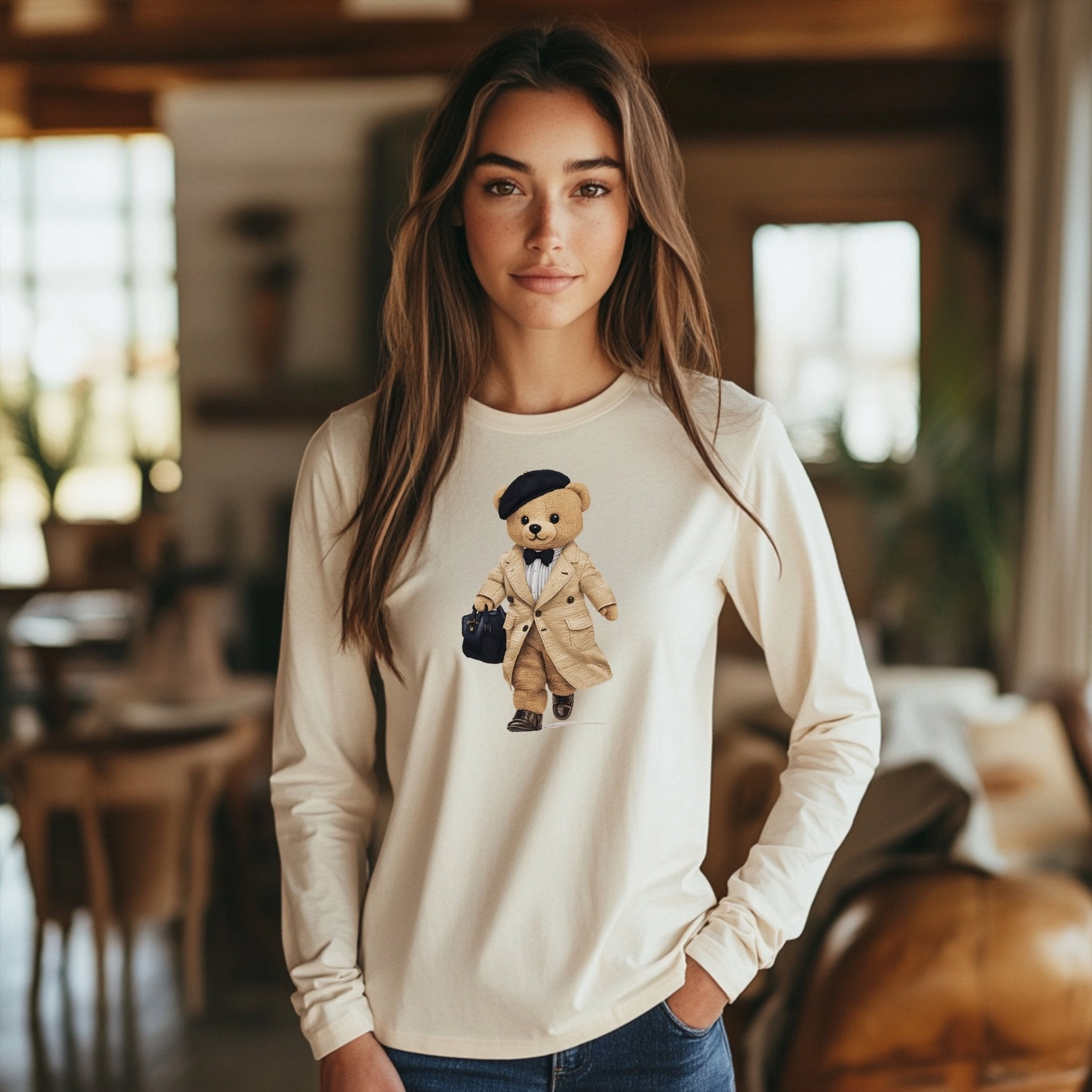 Fashionista Teddy Bear T Shirt, Cute Long Sleeve T Shirt, Trendy Teddy Bear Print, Adorable Teddy Fashion, Casual Long Sleeve Tee - Craig Michael Design