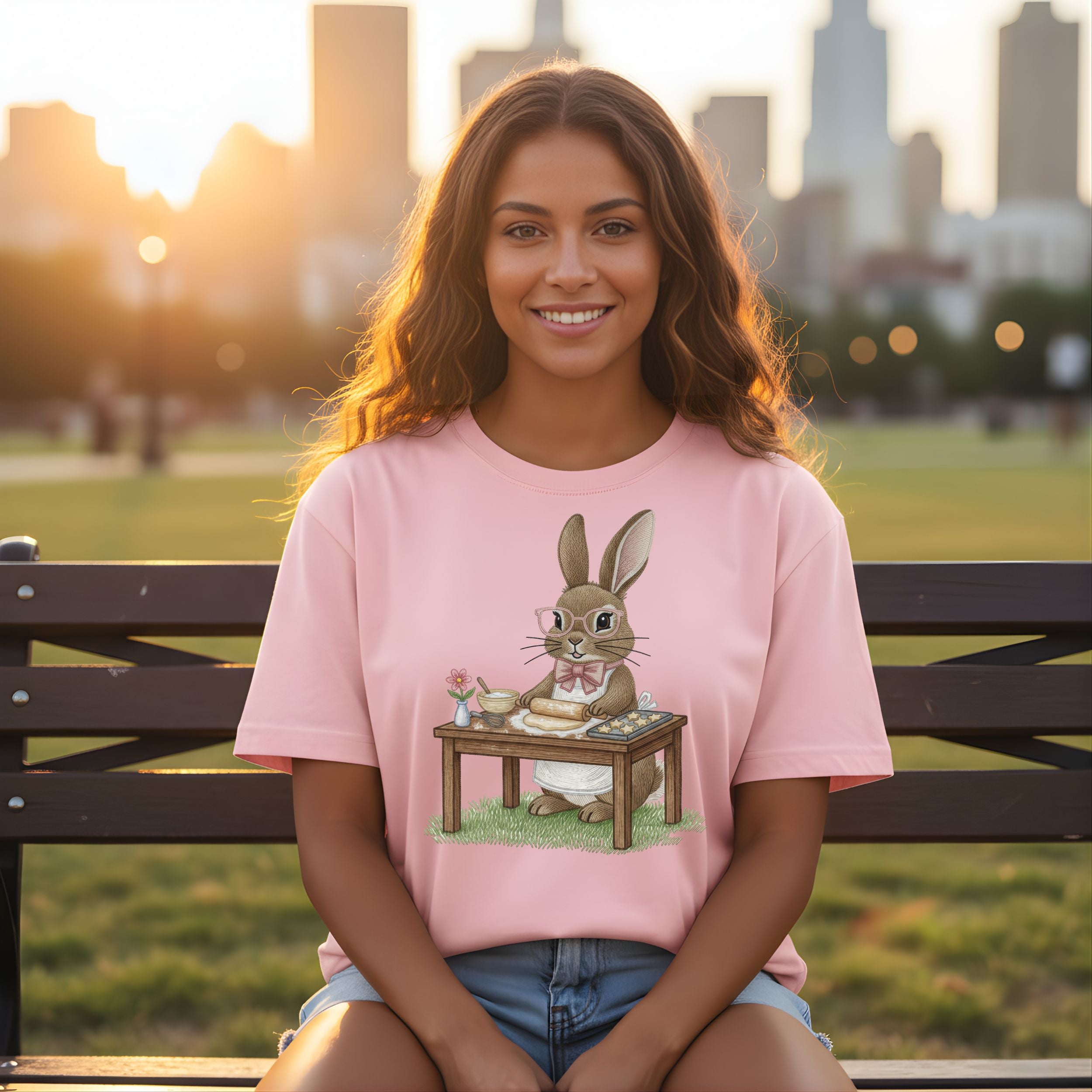 Cute Bunny Chef Illustration Pink T-Shirt for Women