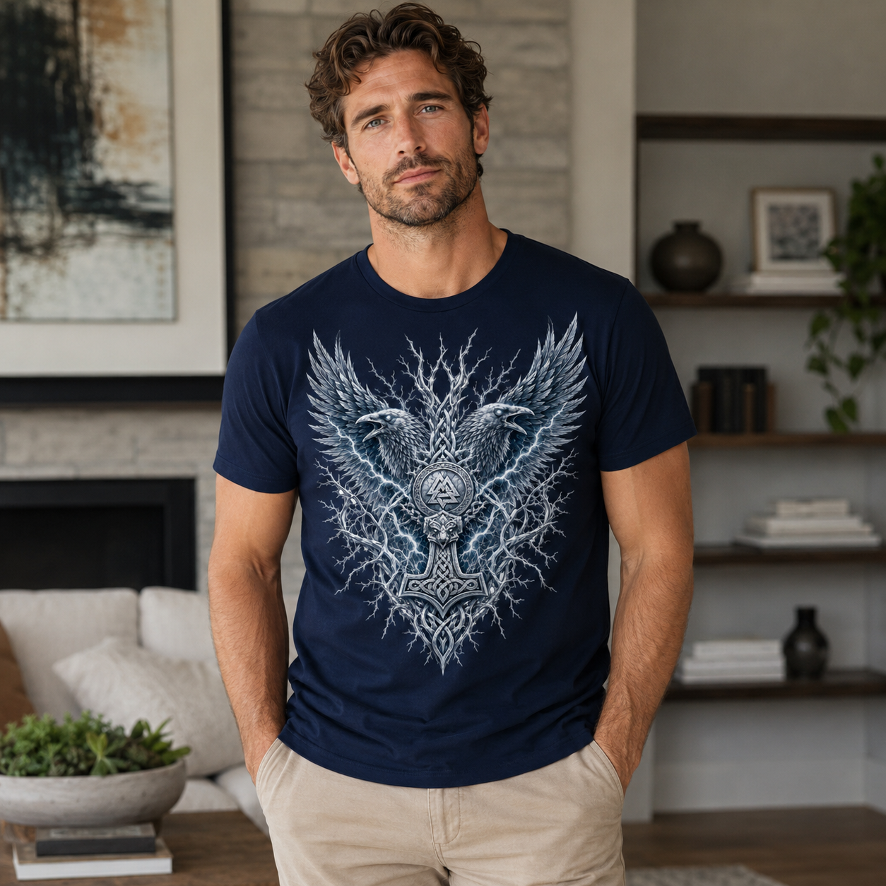 Man wearing navy t-shirt with graphic of Thor's Hammer and eagles.