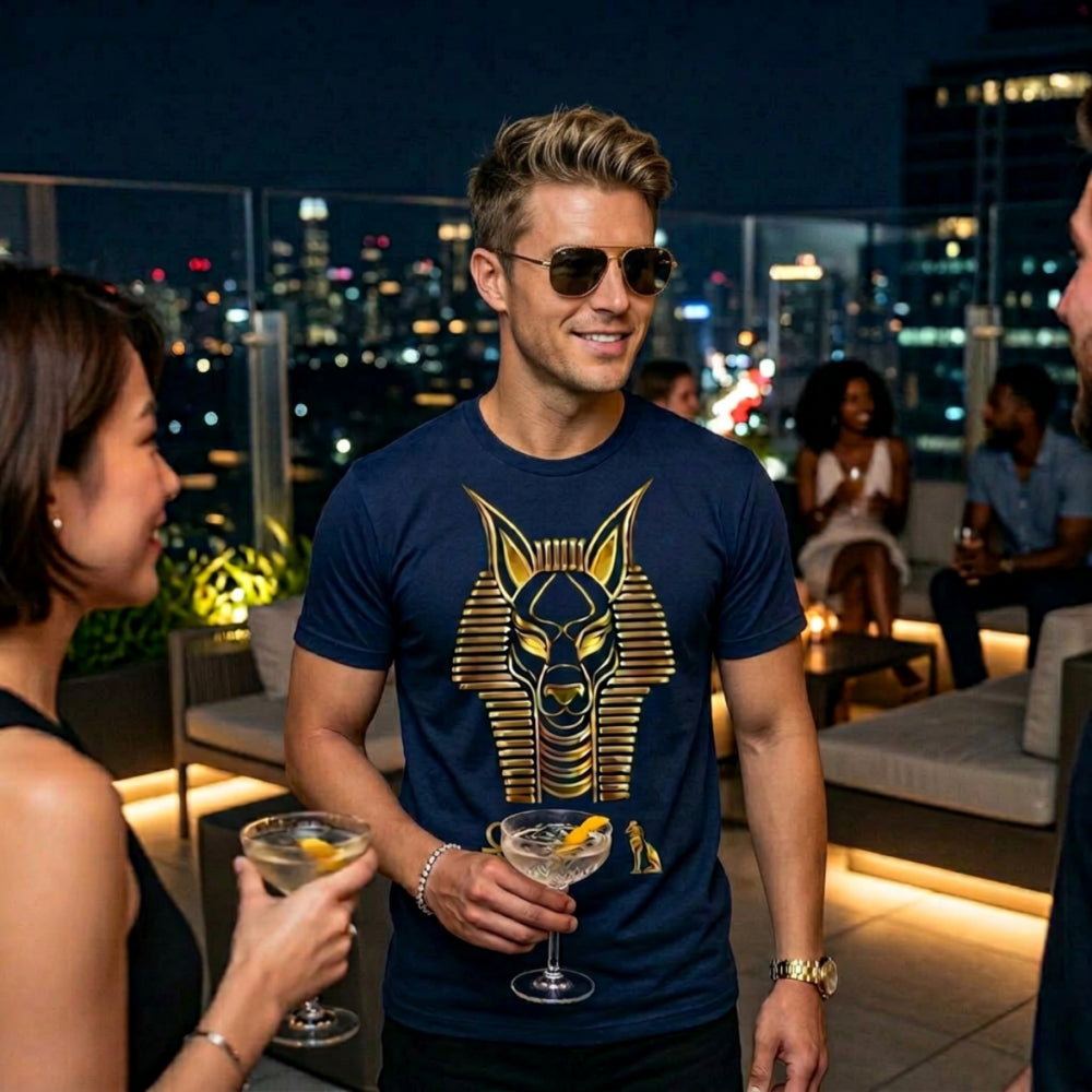 Man in blue t-shirt with gold jackal head graphic, holding drink.
