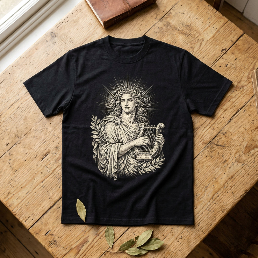 Black t-shirt with a black and white illustration of a person with a lyre.