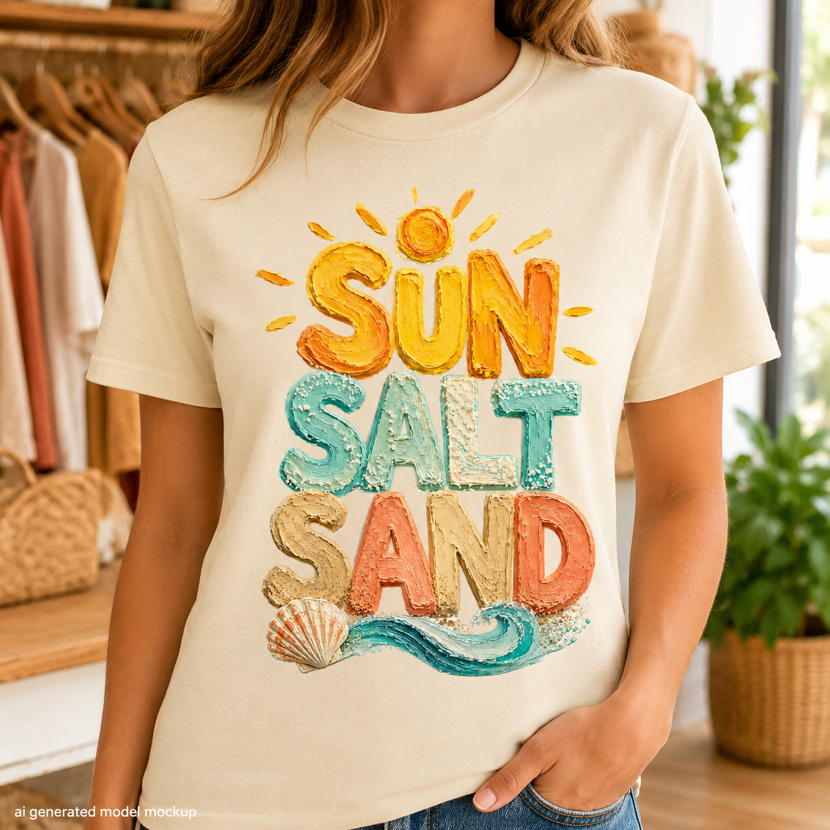 Cream t-shirt with "Sun Salt Sand" text and beach graphics.