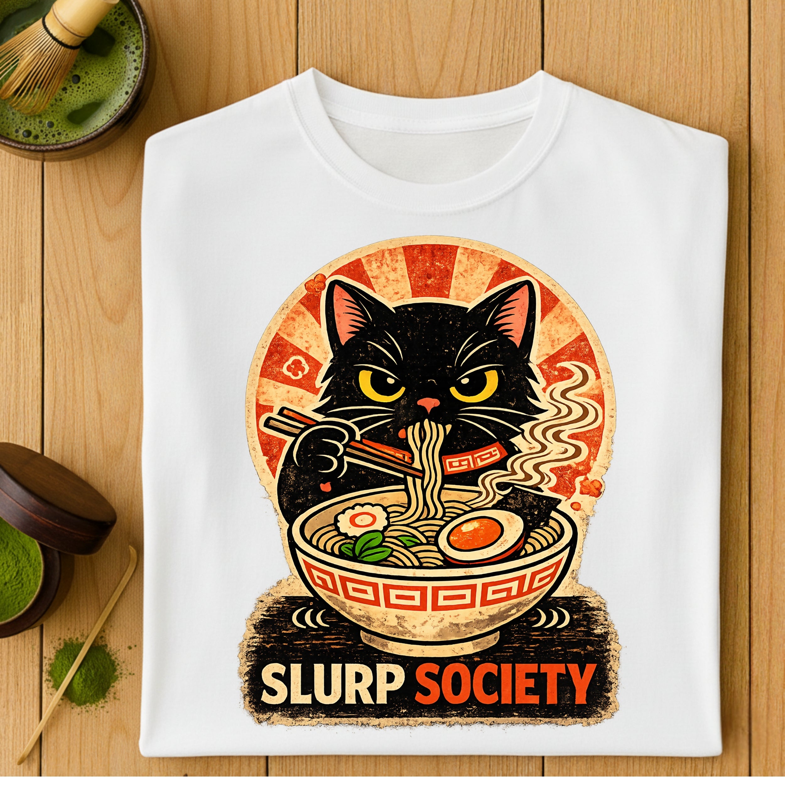 Slurp Society Cat Eating Ramen Graphic Tee Shirt Product