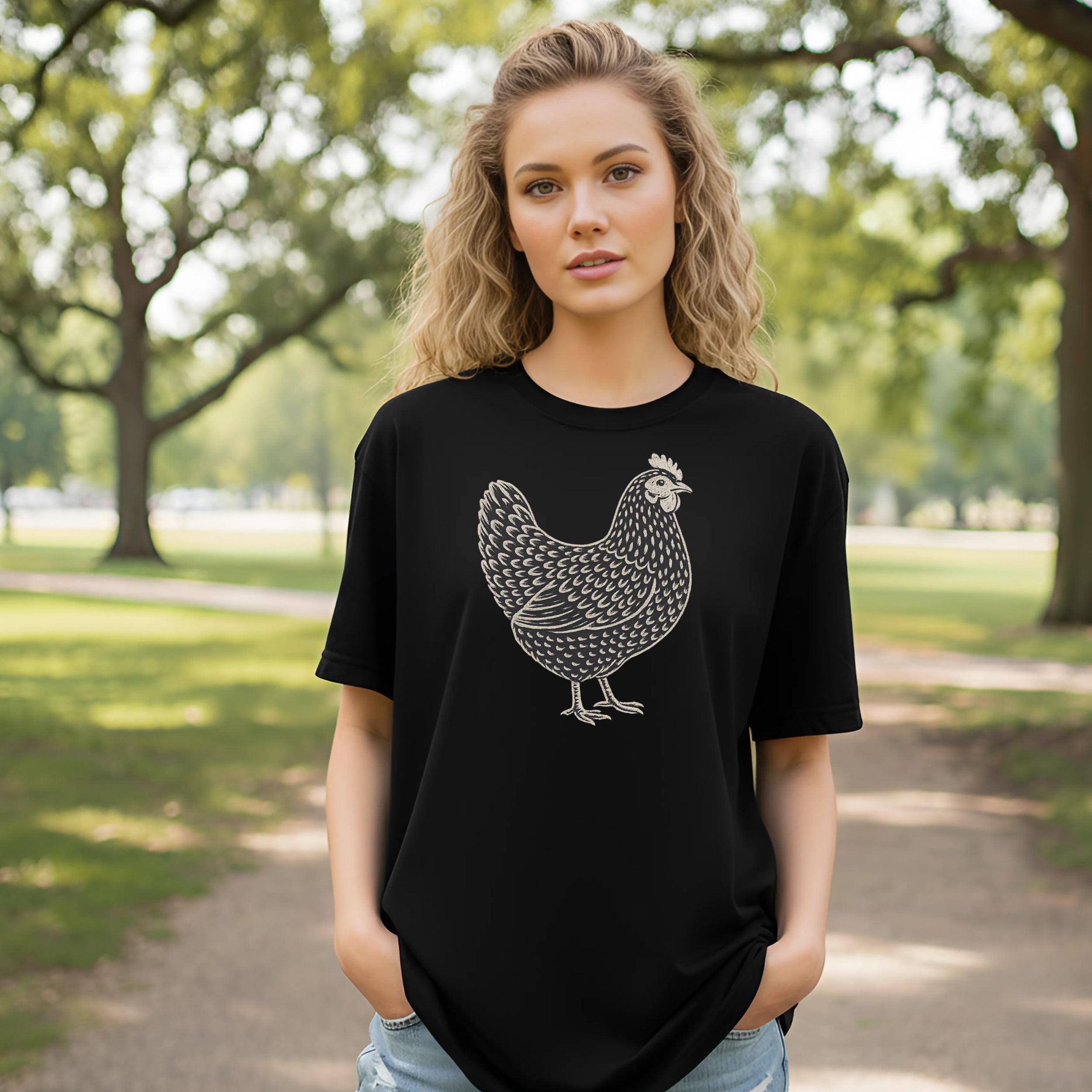 Stylish Black T-Shirt Featuring Artistic Chicken Design