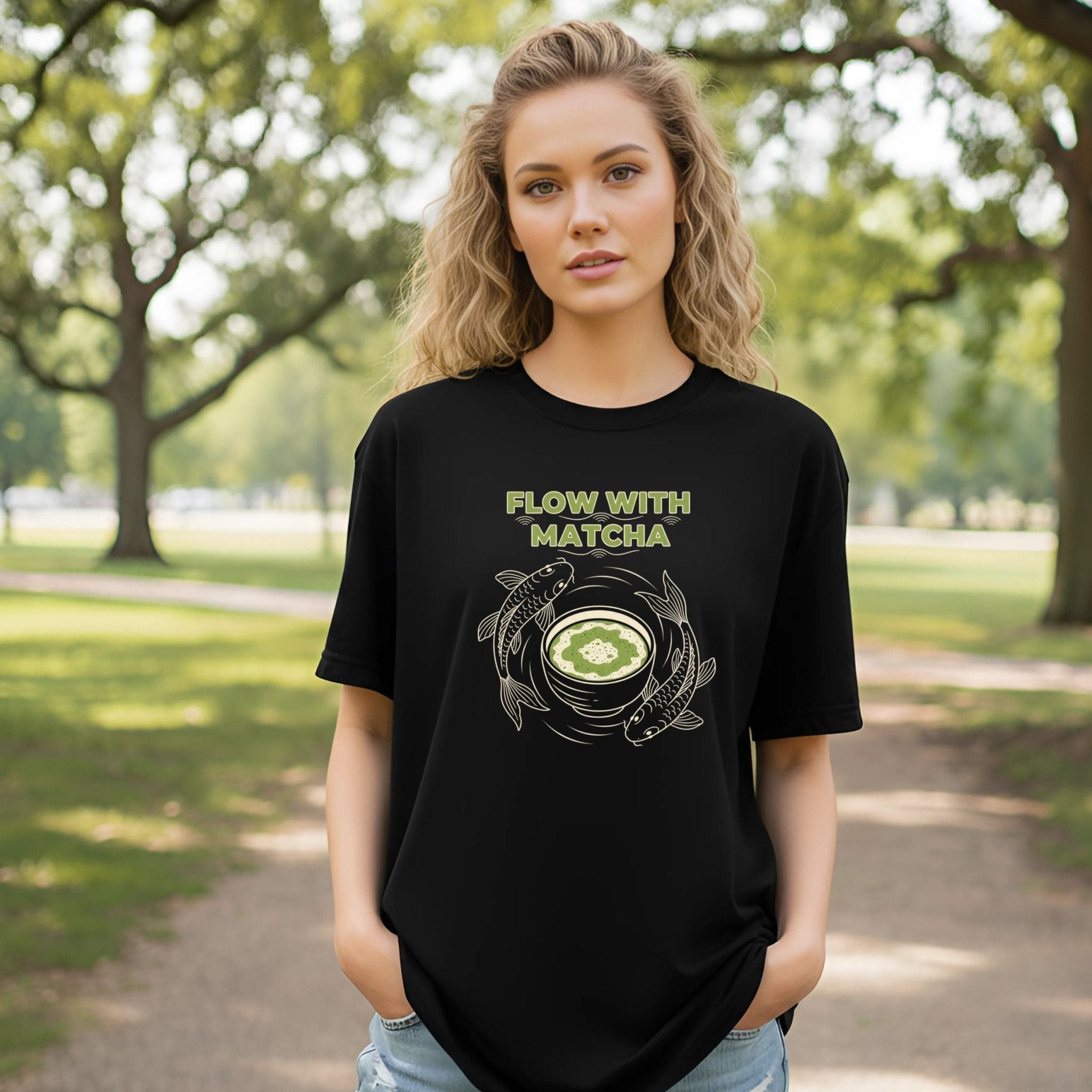 Flow With Matcha T-Shirt, Koi Fish Tee, Matcha Lover Gift, Japanese Tea Shirt, Zen Style Shirt, Aesthetic Tee, Unique Matcha T-Shirt - Craig Michael Design