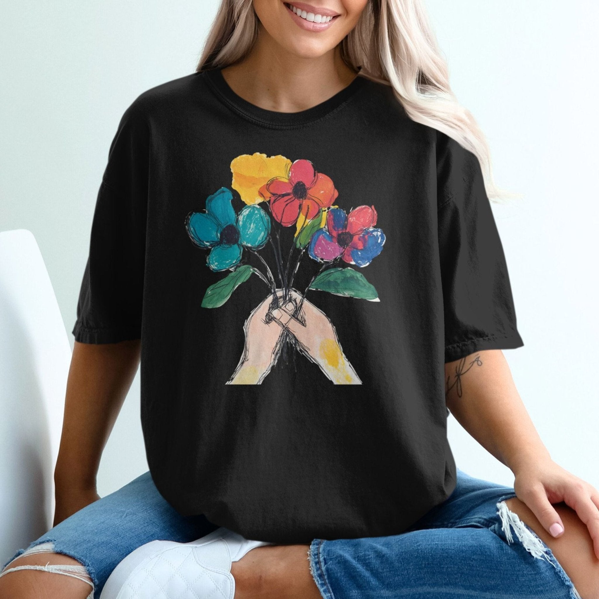 Flower Bouquet T-shirt, Floral Art Tee, Colorful Flowers Shirt, Unique Graphic Design, Artistic Apparel, Gift for Her, Casual Wear - Craig Michael Design