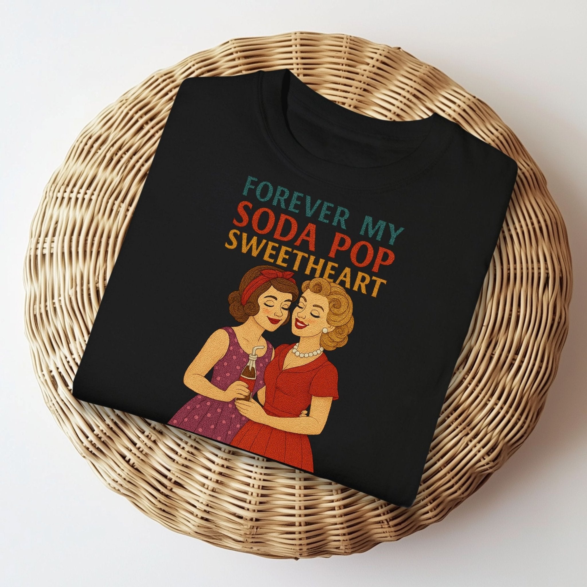 Forever My Soda Pop Sweetheart Tee, Retro Lesbian Couple T-Shirt, 1950s Queer Love Gift, Embroidered Style Vintage Pride Shirt - Craig Michael Design