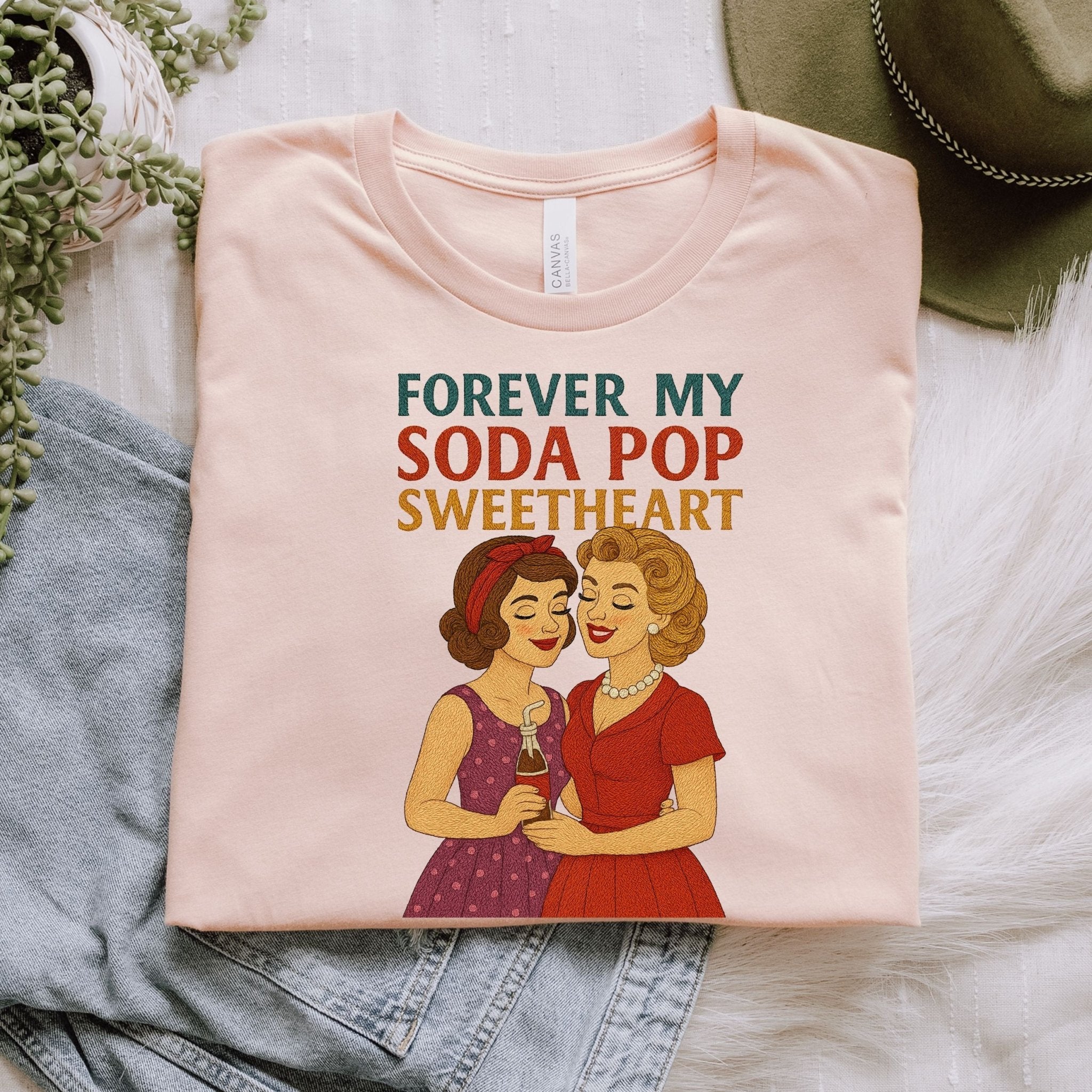Forever My Soda Pop Sweetheart Tee, Retro Lesbian Couple T-Shirt, 1950s Queer Love Gift, Embroidered Style Vintage Pride Shirt - Craig Michael Design