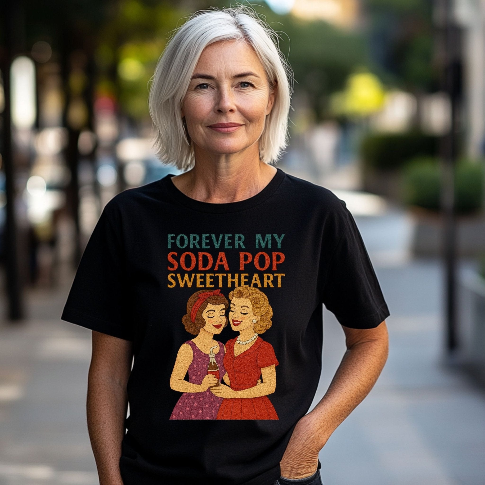 Forever My Soda Pop Sweetheart Tee, Retro Lesbian Couple T-Shirt, 1950s Queer Love Gift, Embroidered Style Vintage Pride Shirt - Craig Michael Design