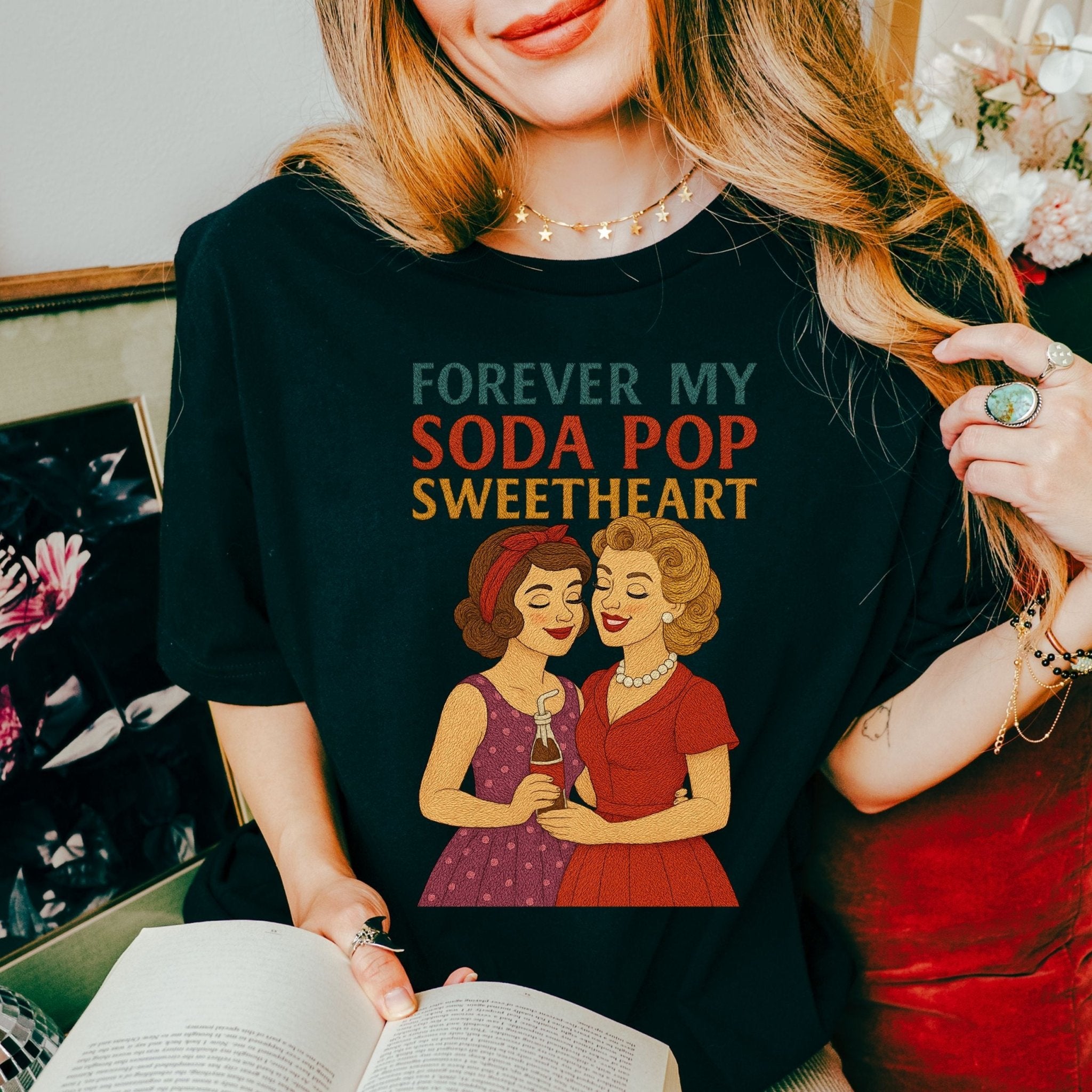 Forever My Soda Pop Sweetheart Tee, Retro Lesbian Couple T-Shirt, 1950s Queer Love Gift, Embroidered Style Vintage Pride Shirt - Craig Michael Design