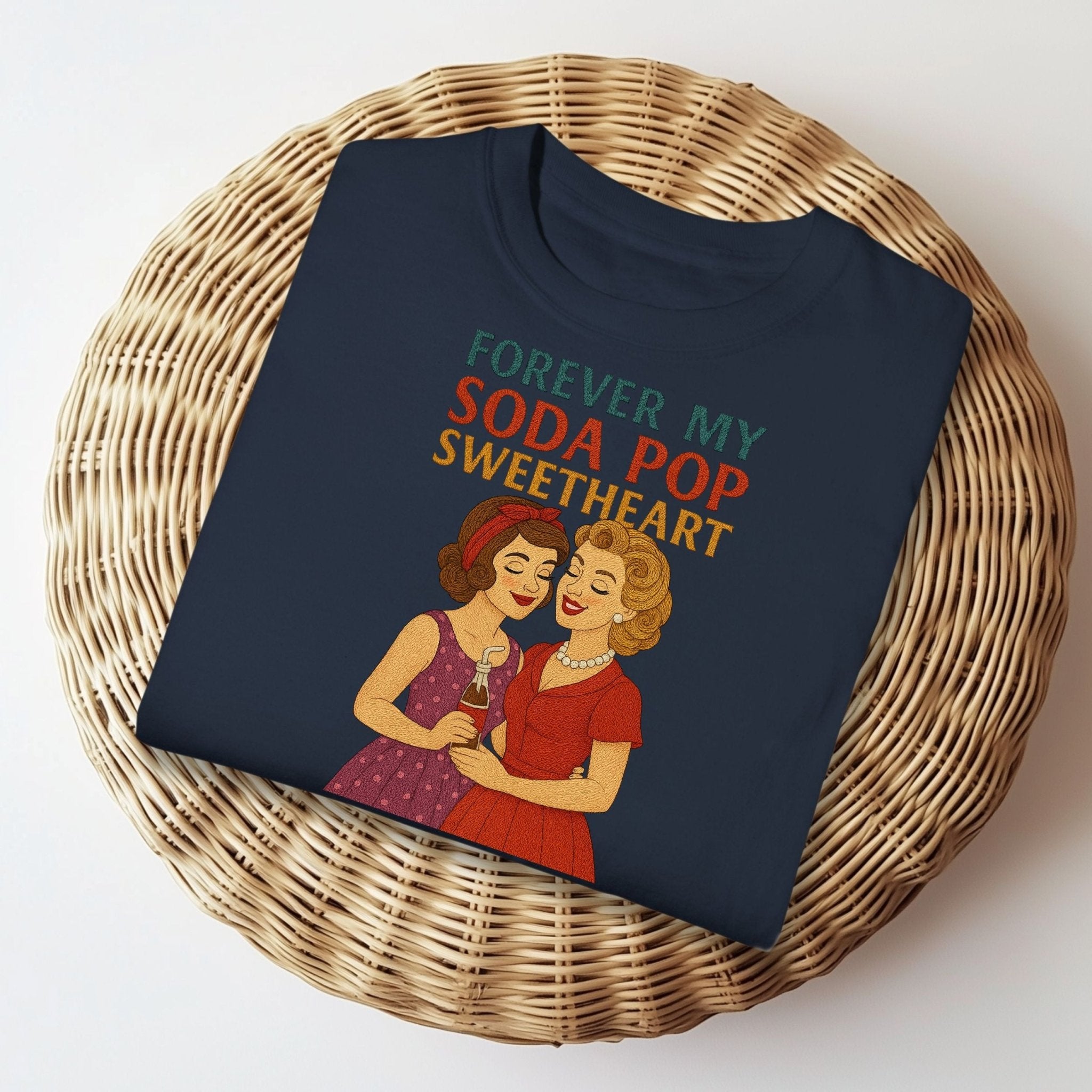 Forever My Soda Pop Sweetheart Tee, Retro Lesbian Couple T-Shirt, 1950s Queer Love Gift, Embroidered Style Vintage Pride Shirt - Craig Michael Design