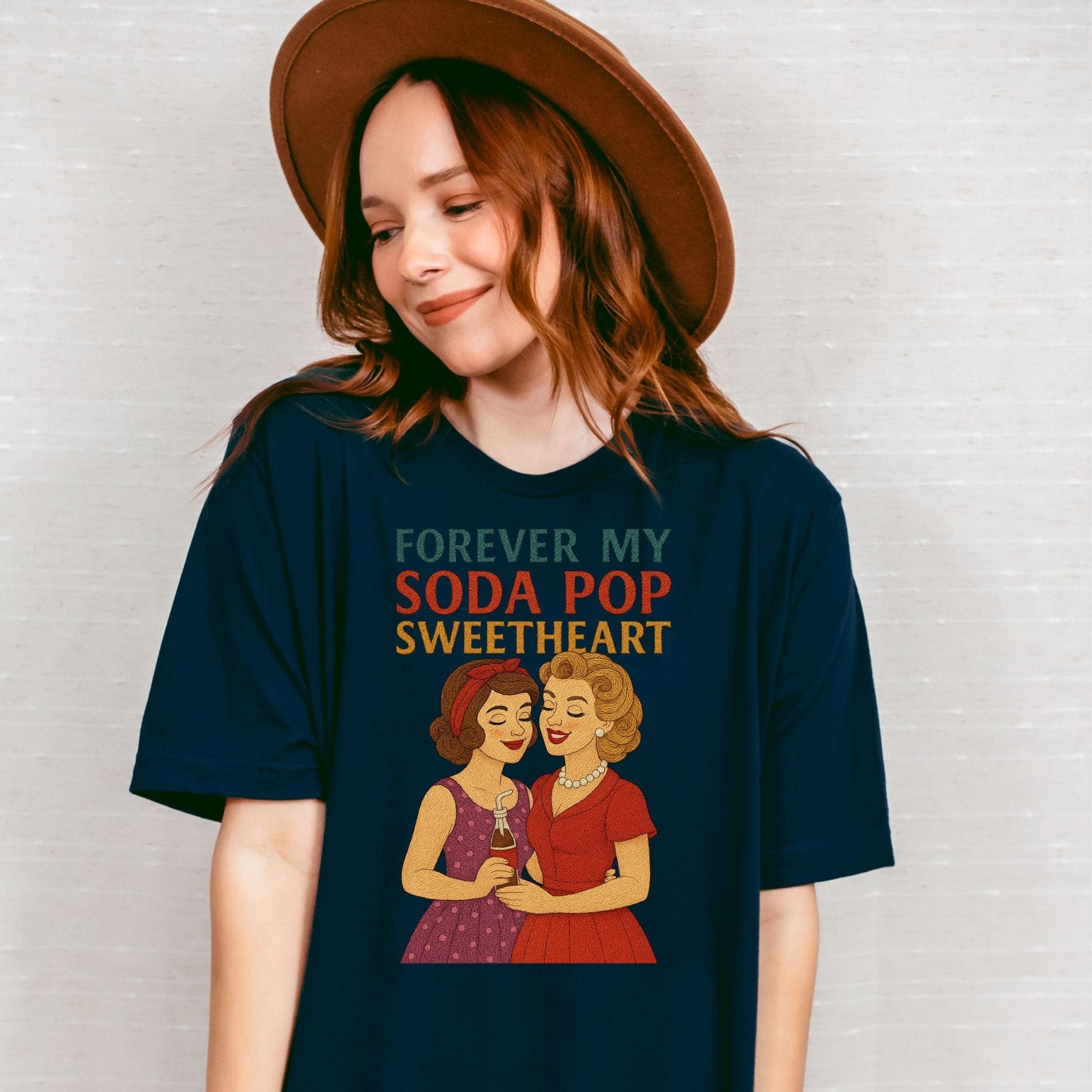 Forever My Soda Pop Sweetheart Tee, Retro Lesbian Couple T-Shirt, 1950s Queer Love Gift, Embroidered Style Vintage Pride Shirt - Craig Michael Design