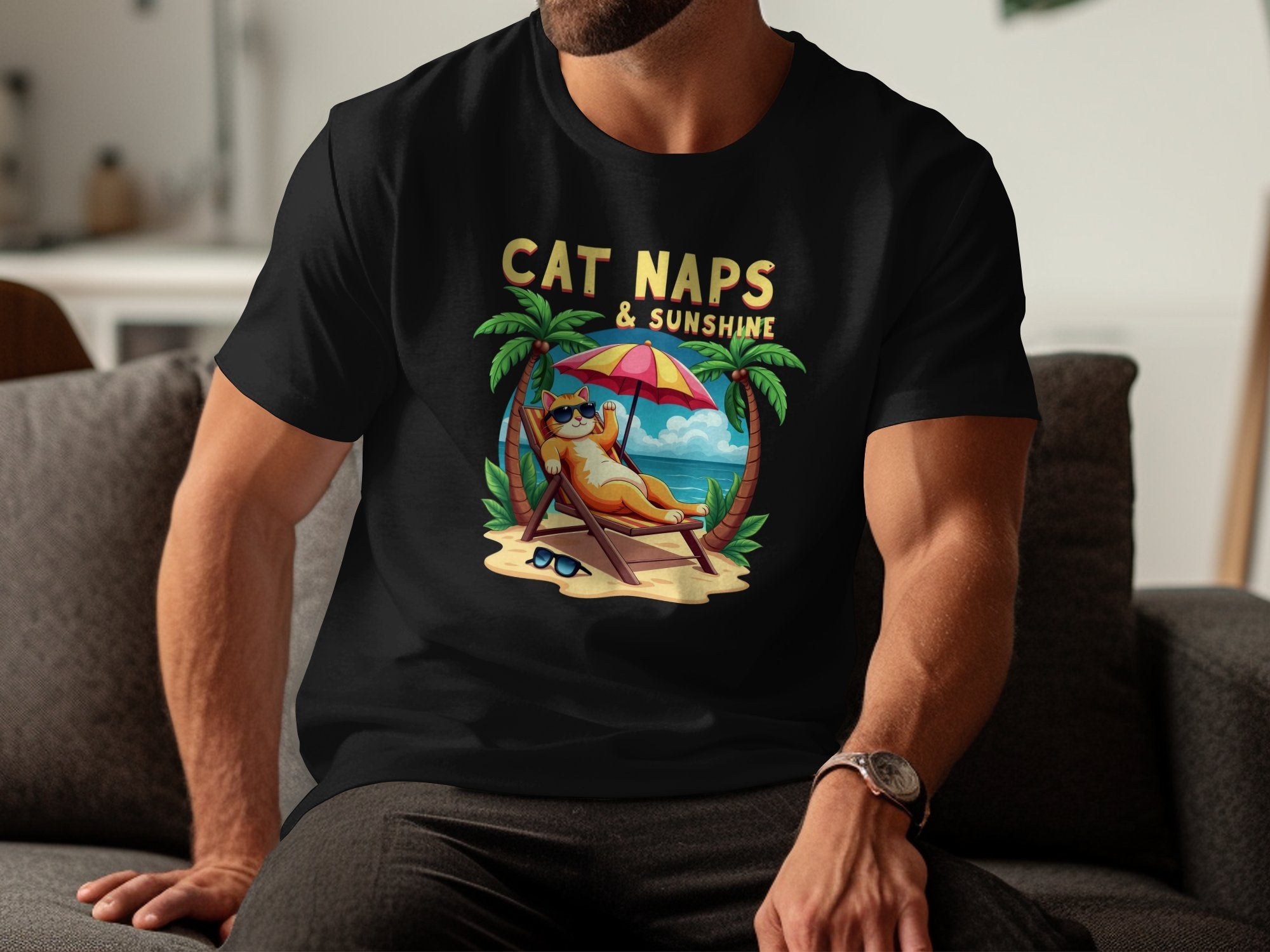 Funny Cat Naps and Sunshine Beach T-Shirt, Cute Vacation Graphic Tee for Cat Lovers, Summer Holiday Relaxation Cat Shirt - Craig Michael Design