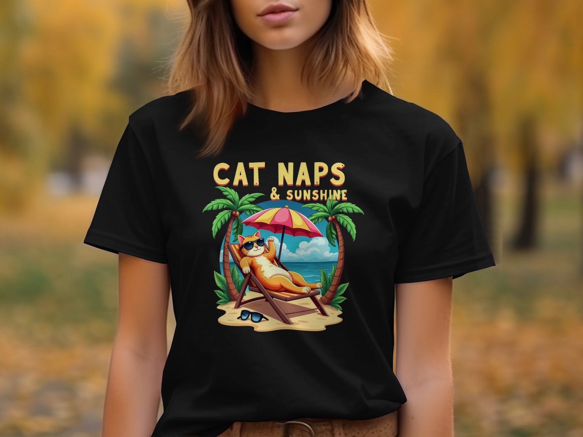 Funny Cat Naps and Sunshine Beach T-Shirt, Cute Vacation Graphic Tee for Cat Lovers, Summer Holiday Relaxation Cat Shirt - Craig Michael Design