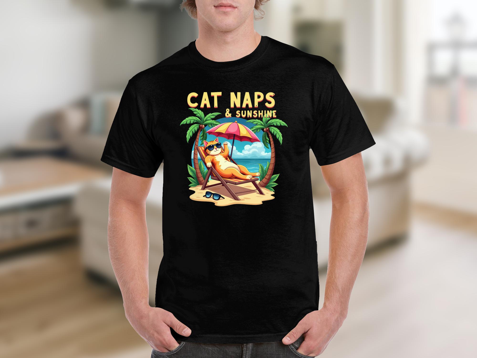 Funny Cat Naps and Sunshine Beach T-Shirt, Cute Vacation Graphic Tee for Cat Lovers, Summer Holiday Relaxation Cat Shirt - Craig Michael Design