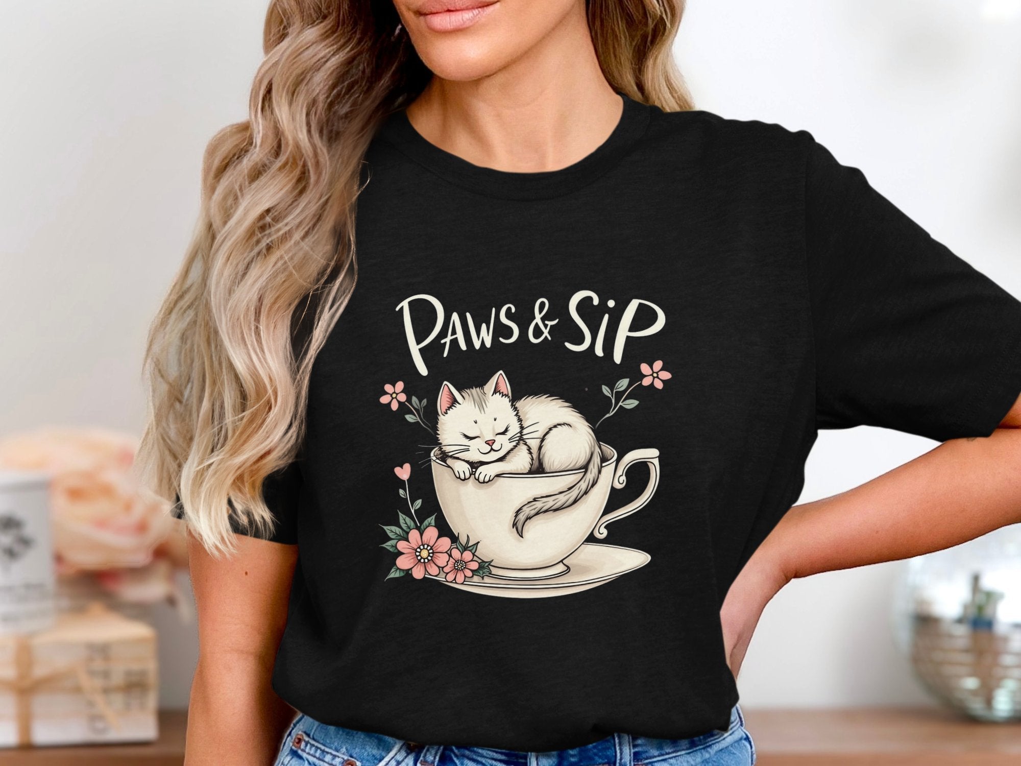 Funny Cat T-Shirt, Cute Kitty in Teacup Tee, Paws and Sip Shirt, Adorable Pet Lover Gift, Cat Lover Apparel, Unique Cat Design Top - Craig Michael Design