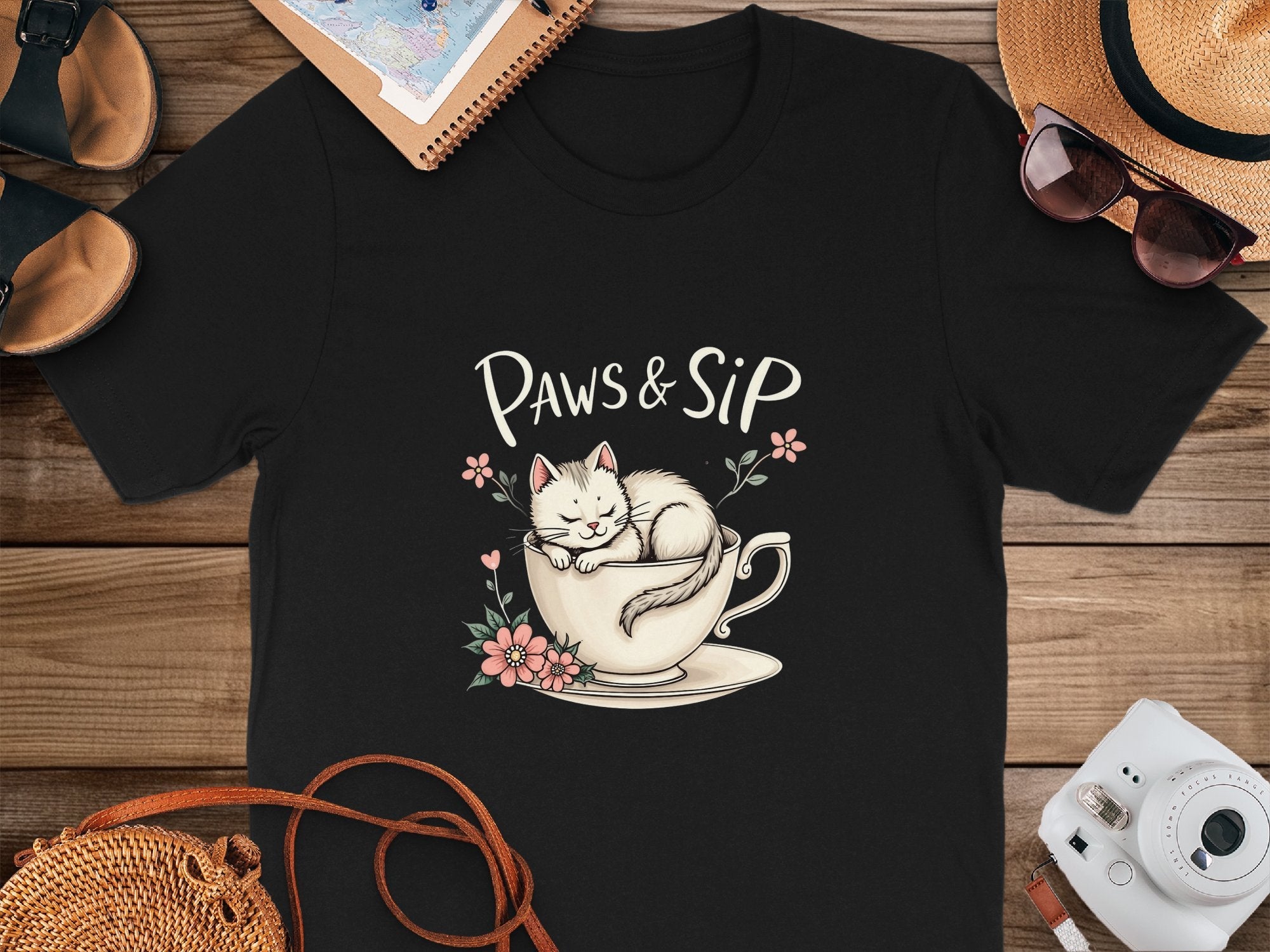 Funny Cat T-Shirt, Cute Kitty in Teacup Tee, Paws and Sip Shirt, Adorable Pet Lover Gift, Cat Lover Apparel, Unique Cat Design Top - Craig Michael Design