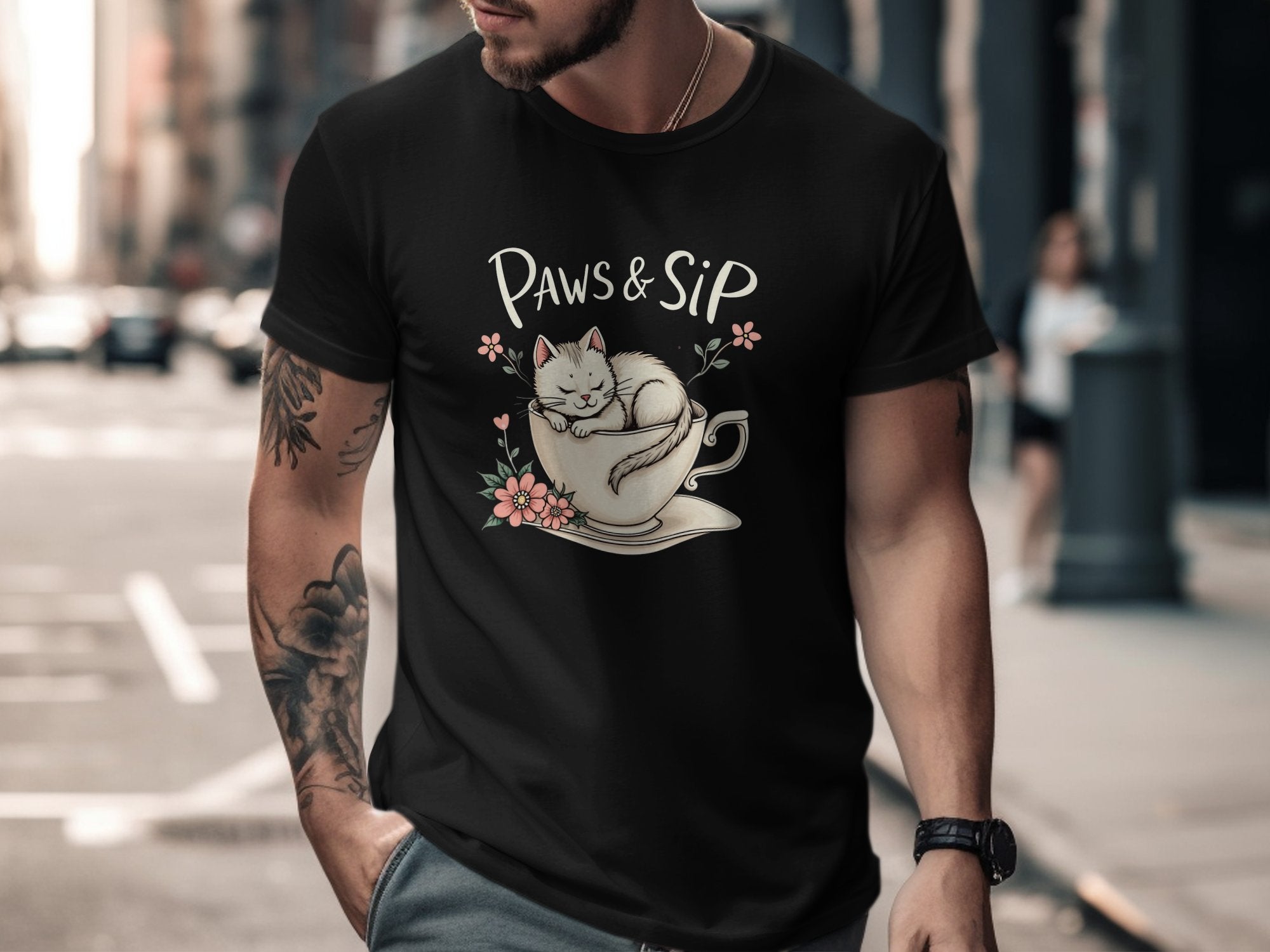 Funny Cat T-Shirt, Cute Kitty in Teacup Tee, Paws and Sip Shirt, Adorable Pet Lover Gift, Cat Lover Apparel, Unique Cat Design Top - Craig Michael Design