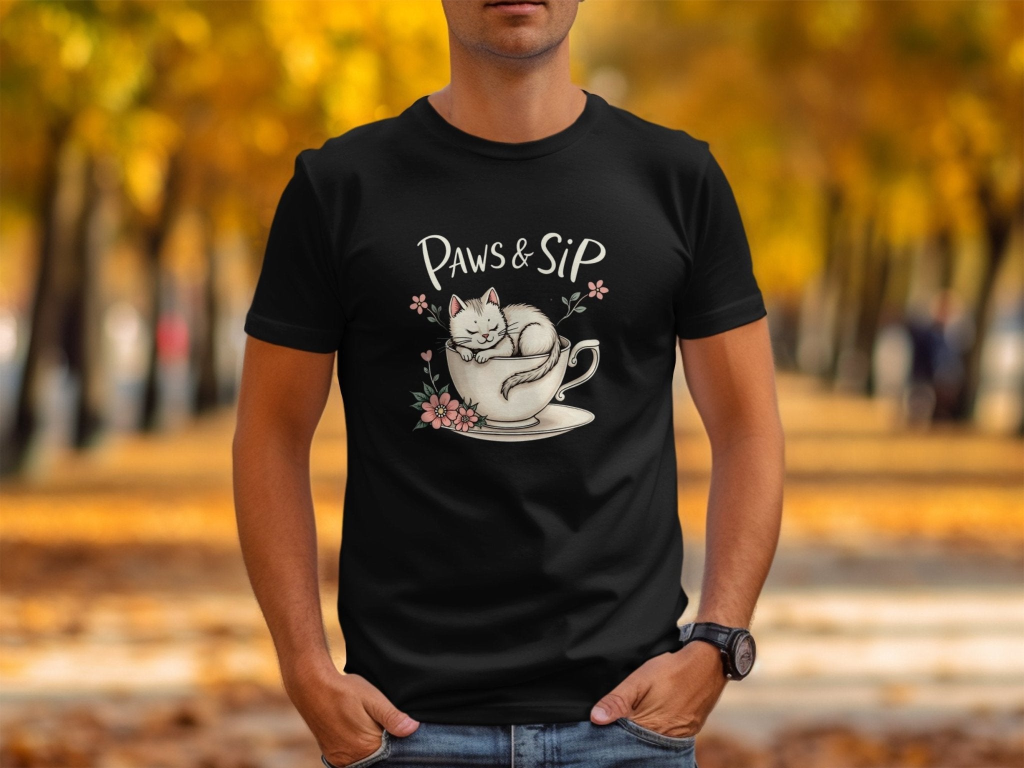 Funny Cat T-Shirt, Cute Kitty in Teacup Tee, Paws and Sip Shirt, Adorable Pet Lover Gift, Cat Lover Apparel, Unique Cat Design Top - Craig Michael Design