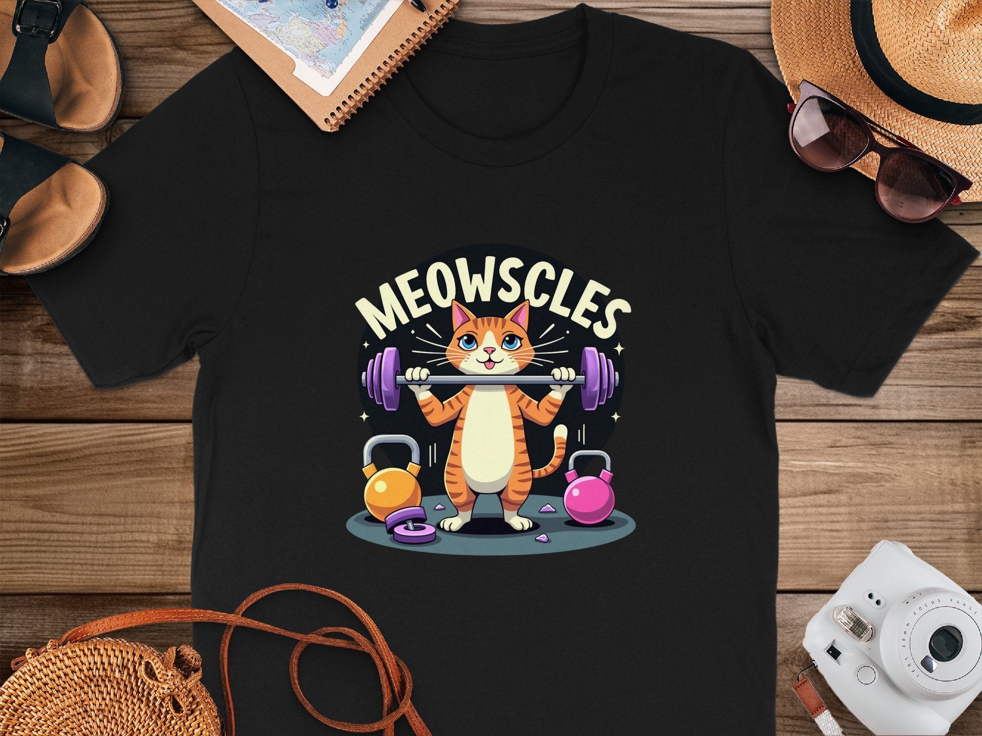 Funny Cat Workout T-Shirt, Meowscles Fitness Gym Tee, Cute Cat Lifting Weights Shirt, Humorous Gym Apparel, Fit Cat Exercise Top - Craig Michael Design