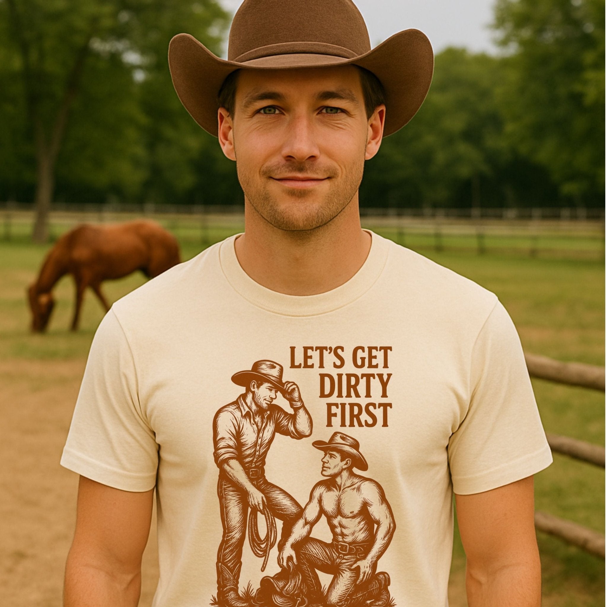 Funny Gay Cowboy Shirt, 'Let’s Get Dirty Firs't Tee, Sexy Mlm Western T-Shirt - Craig Michael Design