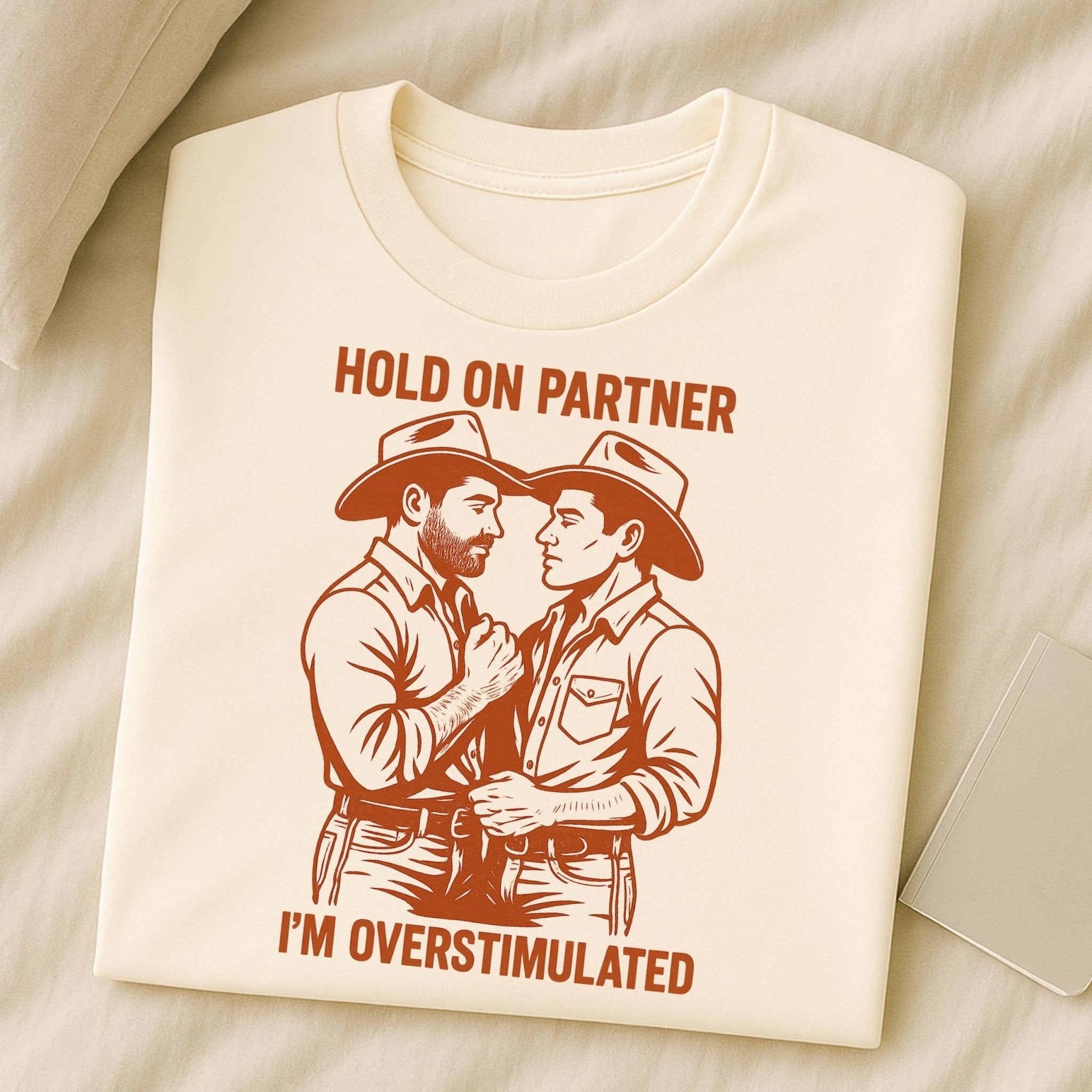 Funny Gay Cowboy Shirt, Overstimulated Pride Tee, Retro Mlm T-Shirt, Sexy Gay Gift for Him, Hold On Partner Cowboy Top - Craig Michael Design