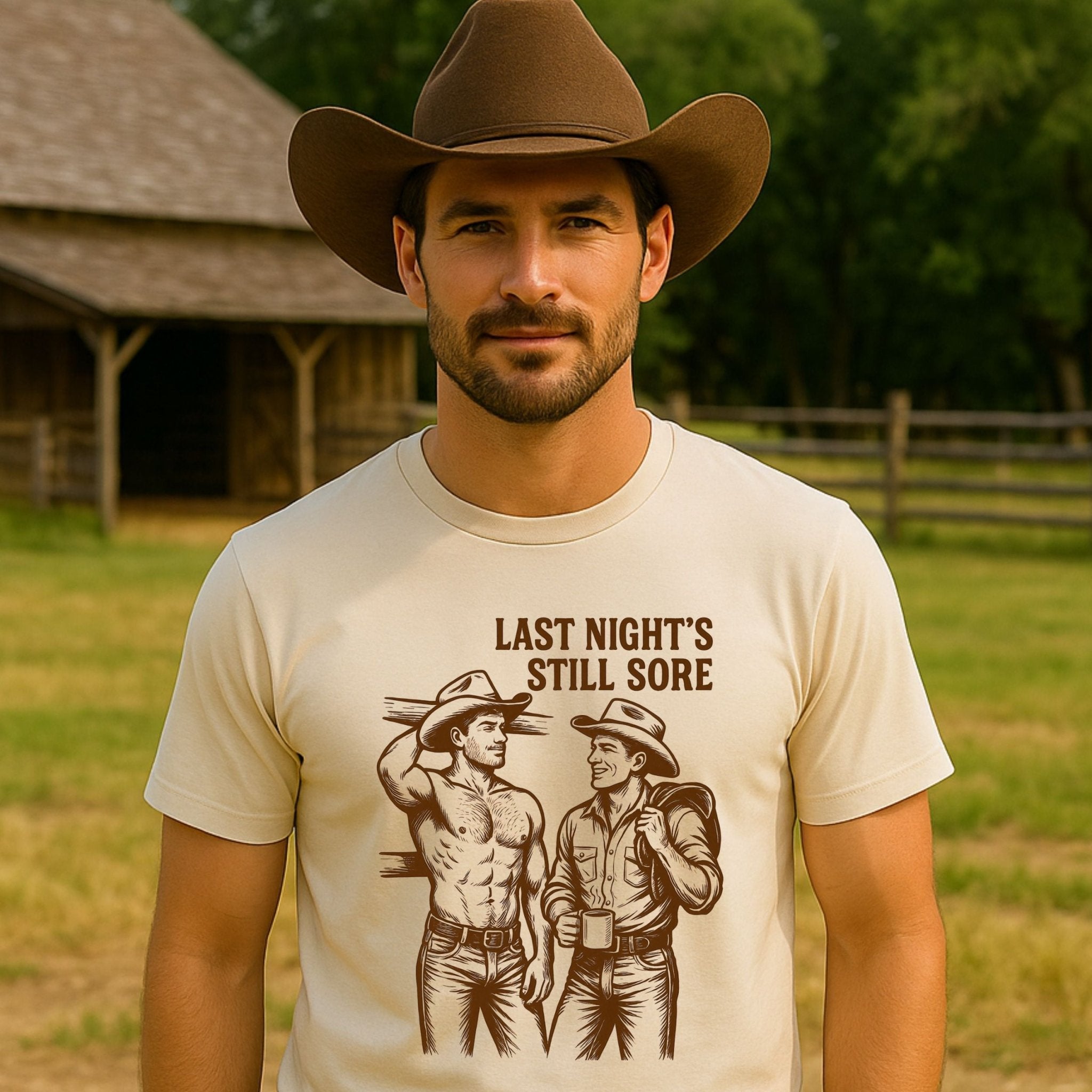 Funny Gay Cowboy Shirt, Sexy Mlm Muscle T-Shirt, Vintage Western Pride Tee, Gay Gift for Him, Last Night’s Still Sore Top - Craig Michael Design