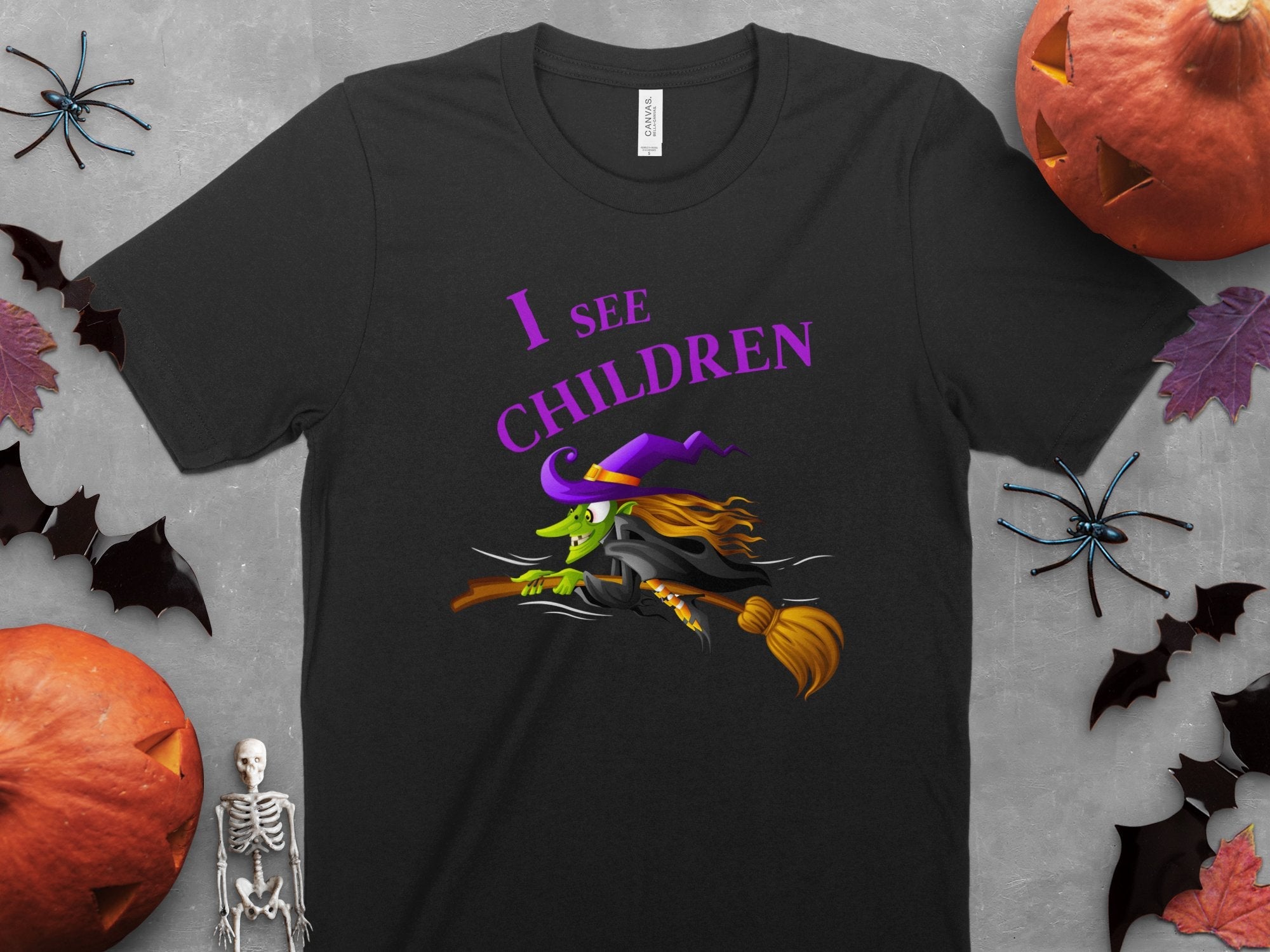 Funny Halloween Witch T-Shirt, I See Children Graphic Tee, Humorous Witch Flying on Broom, Halloween Party Costume Shirt - Craig Michael Design