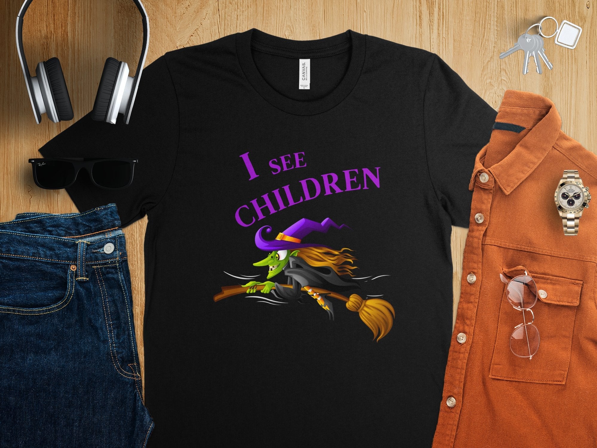 Funny Halloween Witch T-Shirt, I See Children Graphic Tee, Humorous Witch Flying on Broom, Halloween Party Costume Shirt - Craig Michael Design