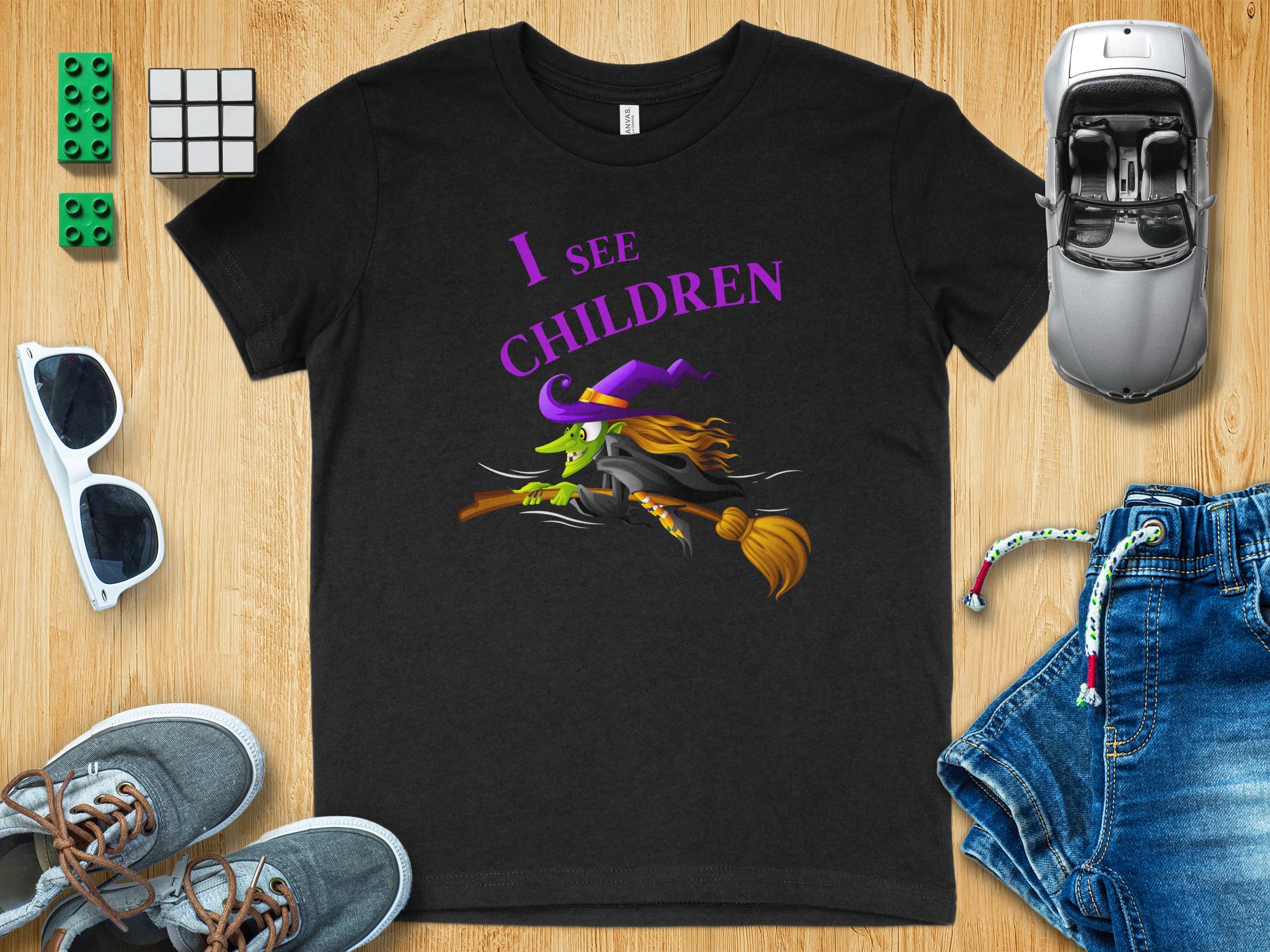 Funny Halloween Witch T-Shirt, I See Children Graphic Tee, Humorous Witch Flying on Broom, Halloween Party Costume Shirt - Craig Michael Design