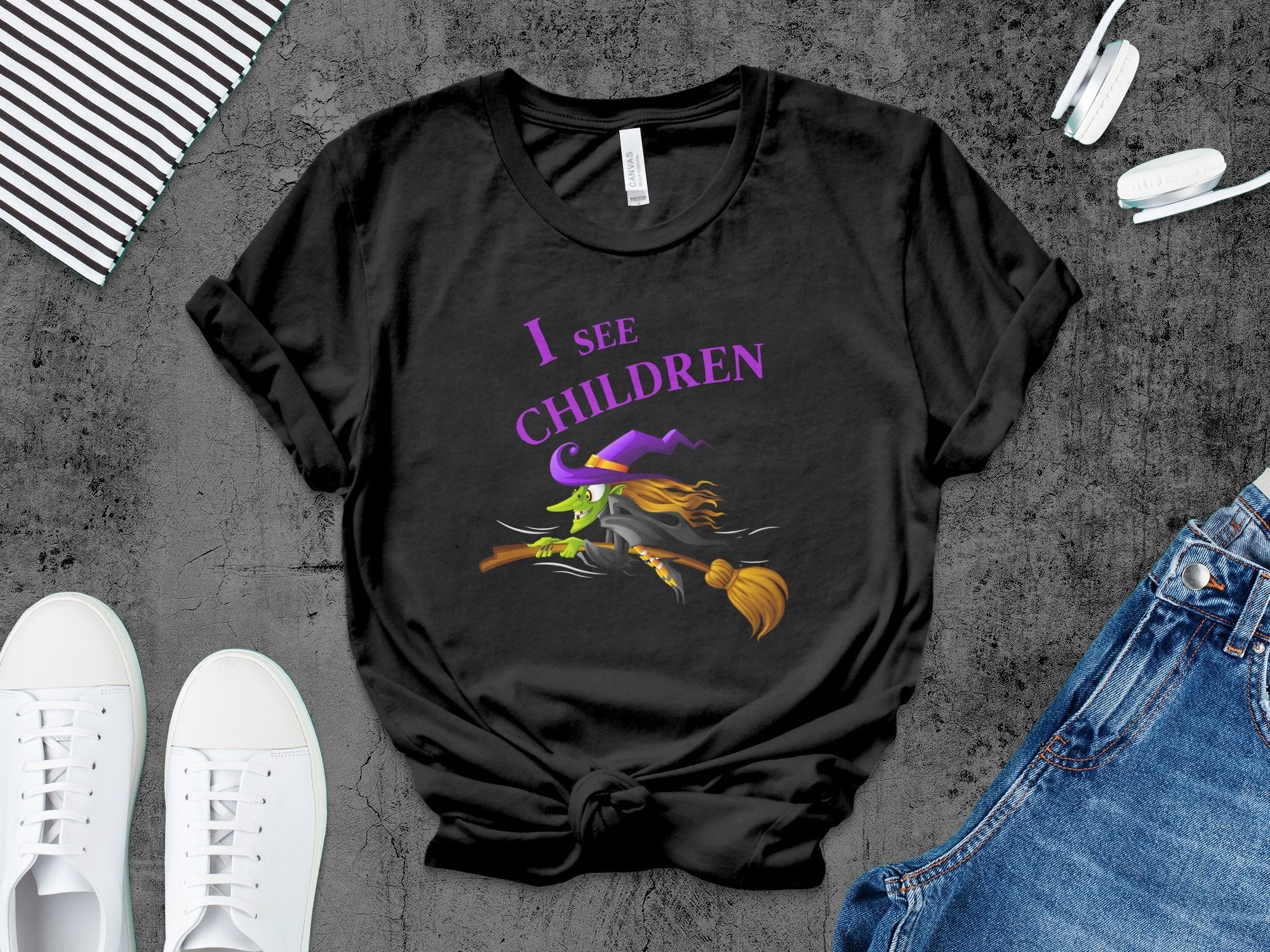 Funny Halloween Witch T-Shirt, I See Children Graphic Tee, Humorous Witch Flying on Broom, Halloween Party Costume Shirt - Craig Michael Design